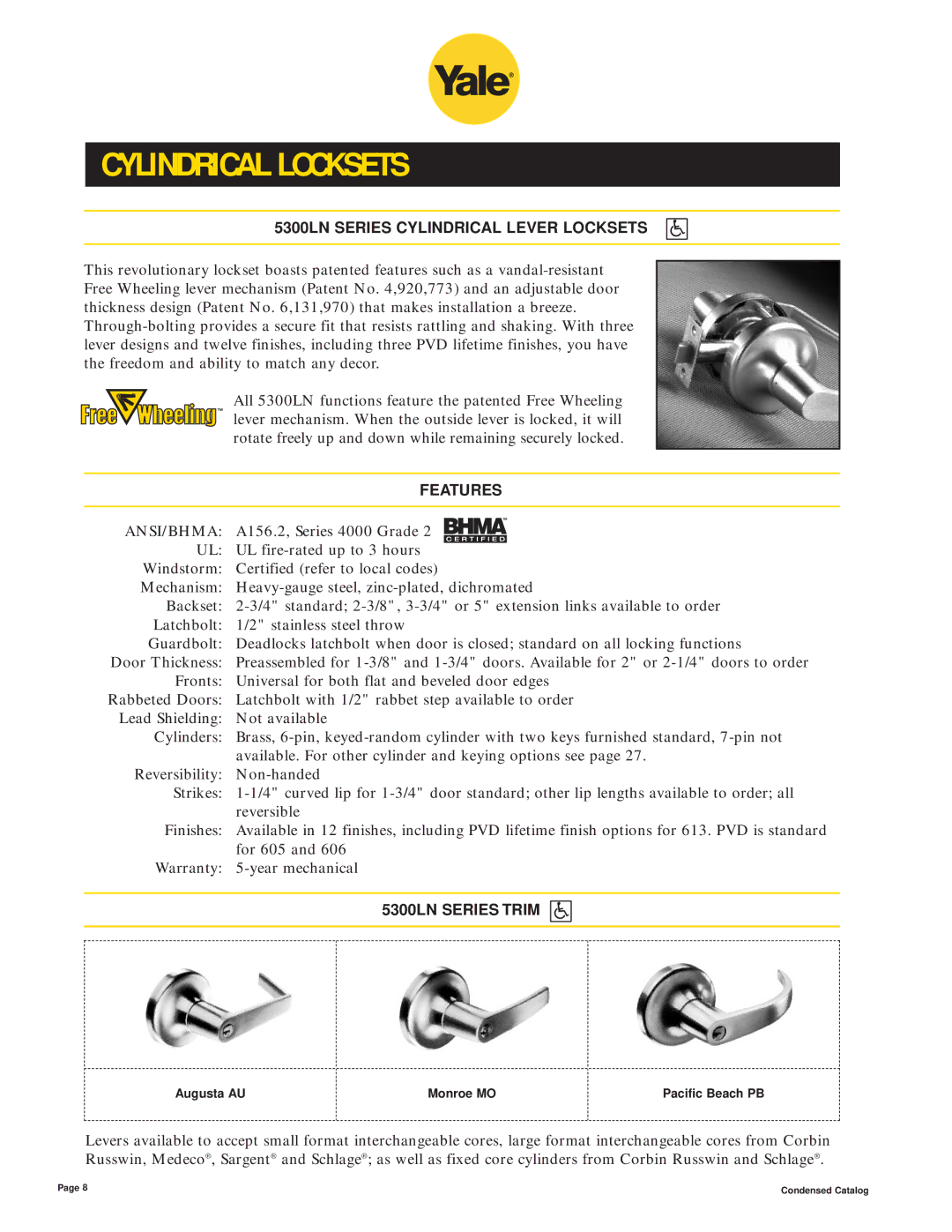 Yale 400 4400 manual 5300LN Series Cylindrical Lever Locksets, 5300LN Series Trim, Augusta AU Monroe MO 