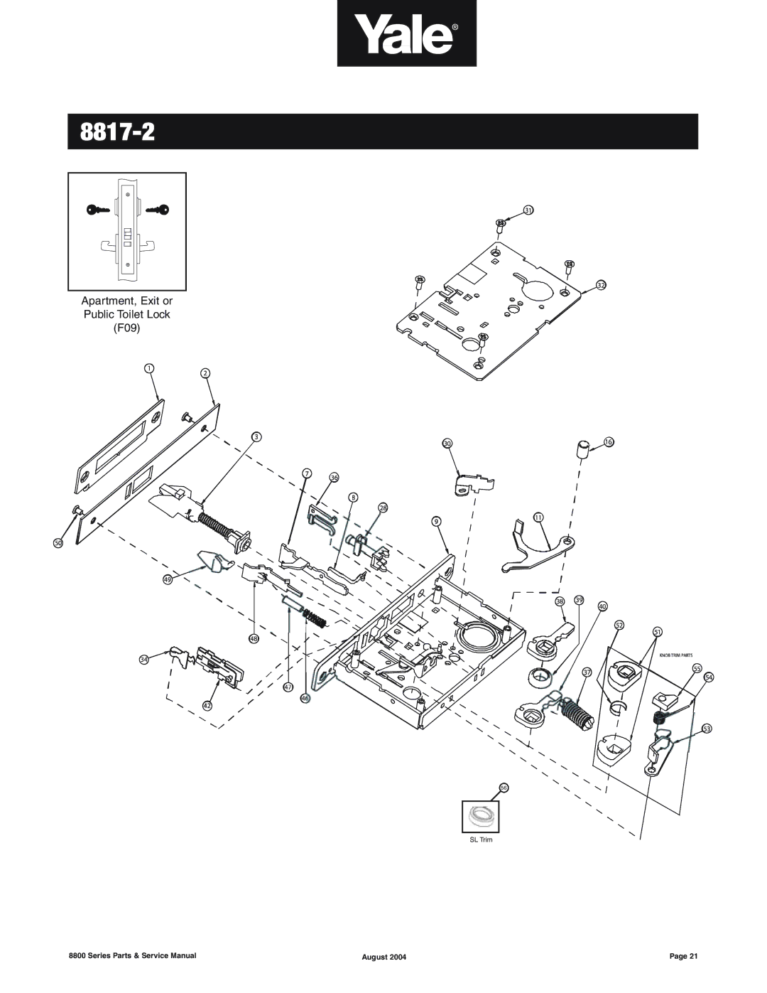 Yale 8800 SERIES manual Apartment, Exit or Public Toilet Lock F09 