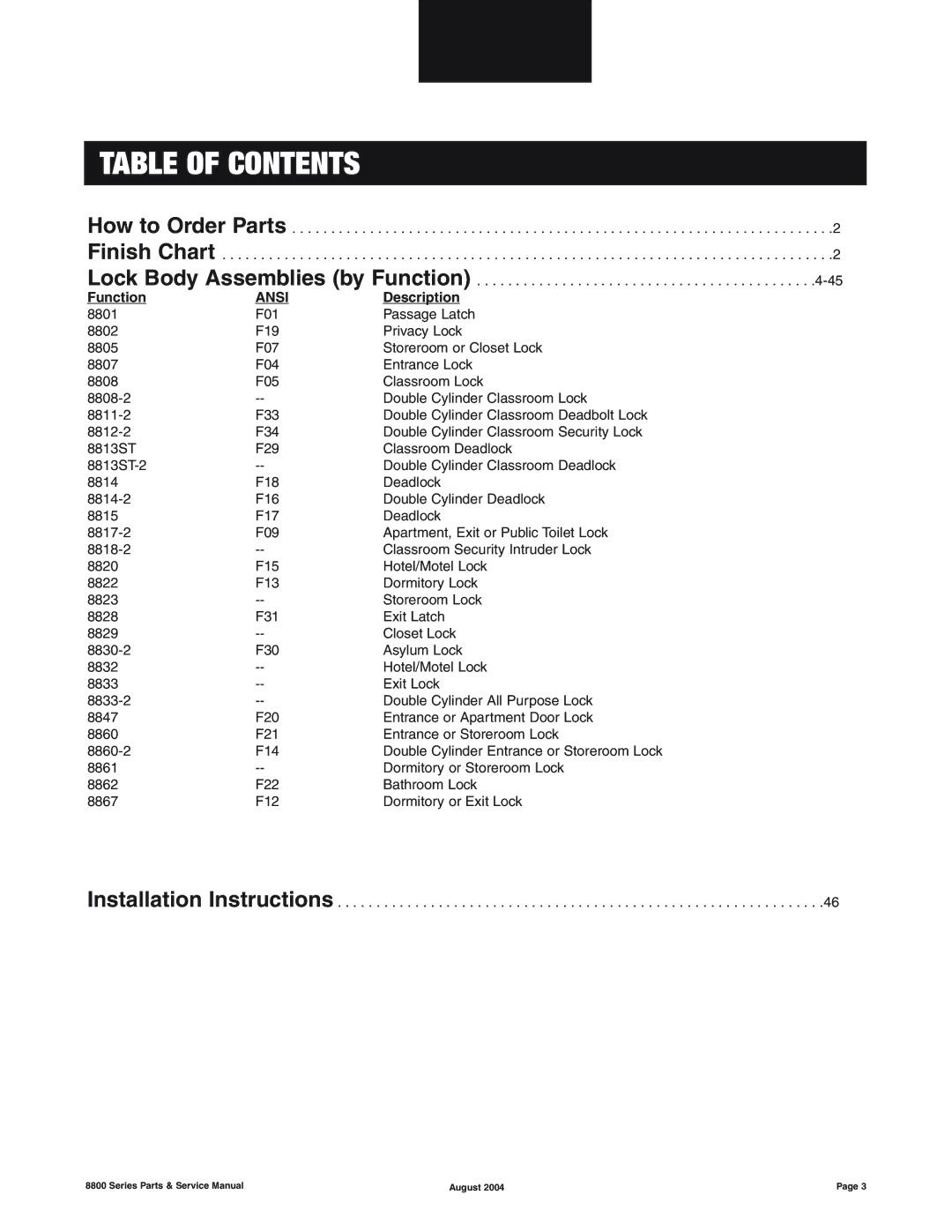 Yale 8800 SERIES manual Table of Contents 