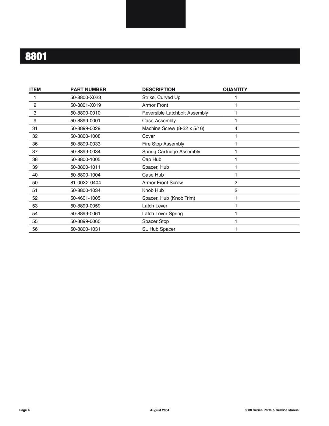 Yale 8800 SERIES manual 8801, Part Number Description Quantity 