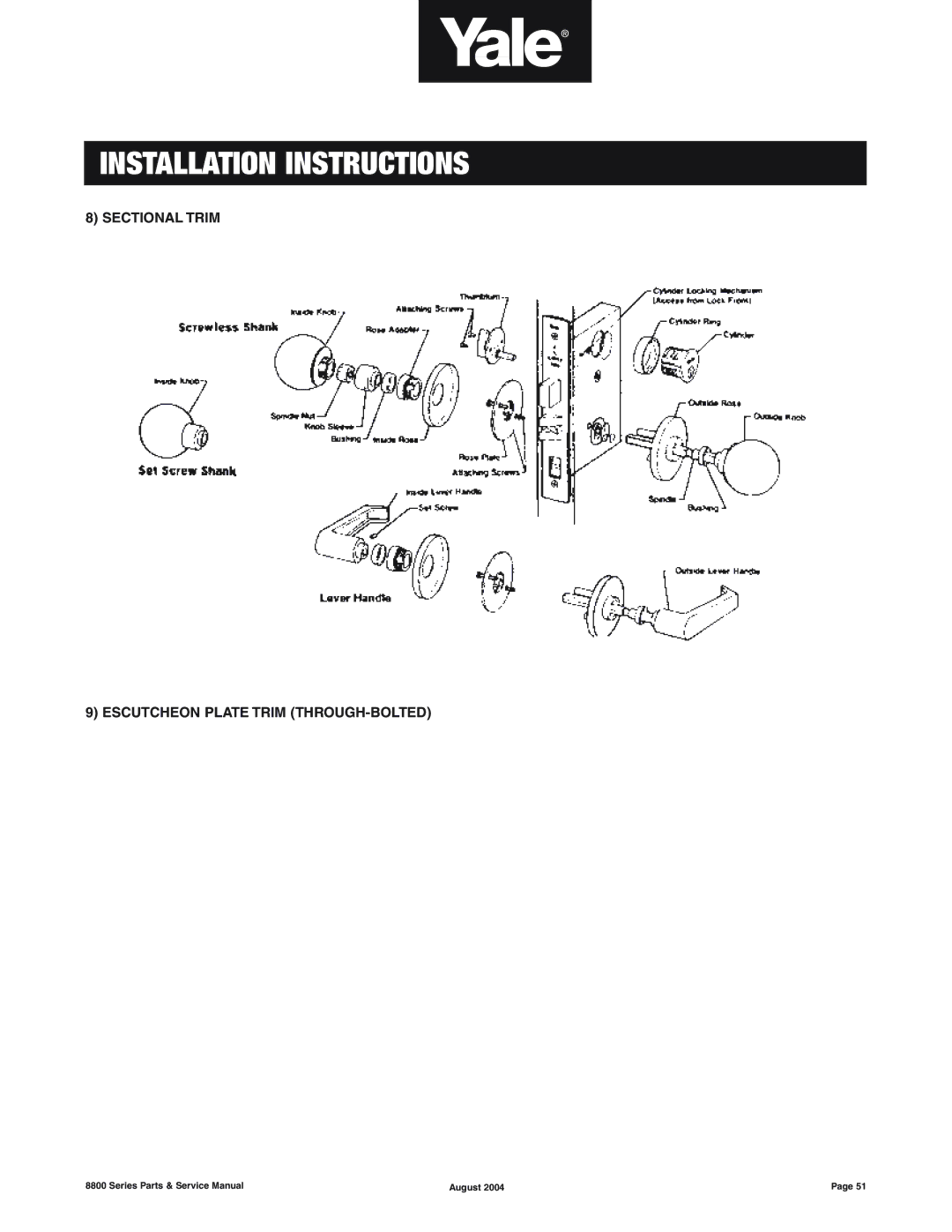 Yale 8800 SERIES manual Sectional Trim Escutcheon Plate Trim THROUGH-BOLTED 