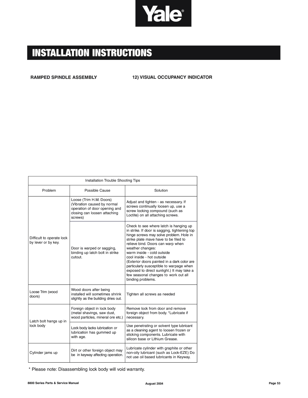 Yale 8800 SERIES manual Ramped Spindle Assembly Visual Occupancy Indicator 