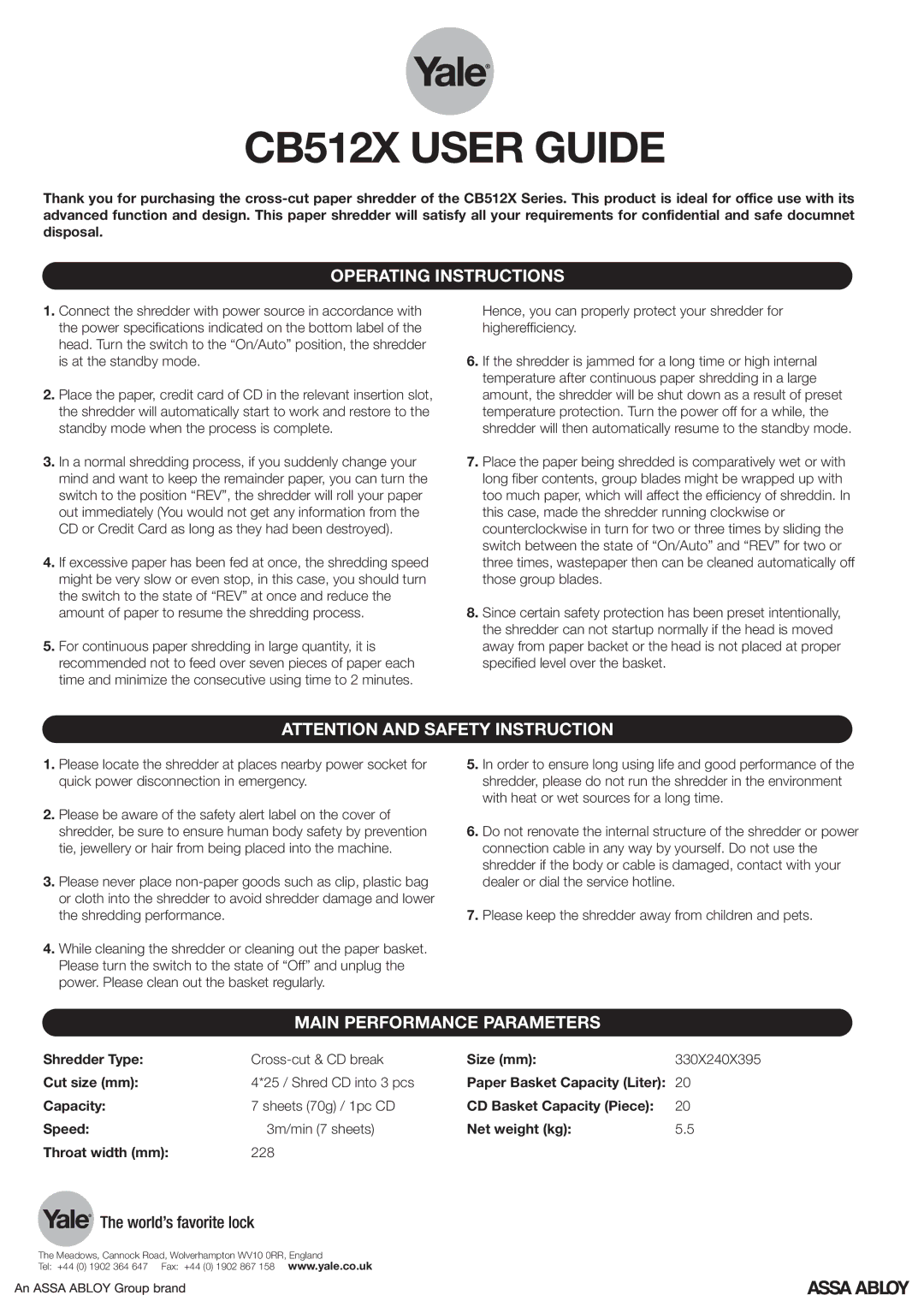 Yale manual CB512X User Guide, Operating Instructions, Main Performance Parameters 