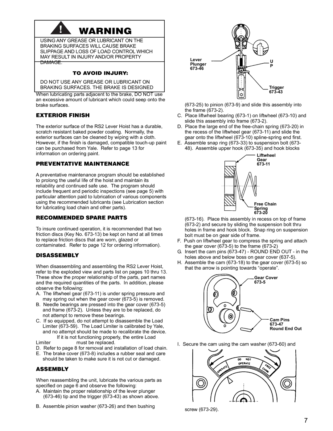 Yale RS2 manual Exterior Finish, Preventative Maintenance, Recommended Spare Parts, Disassembly, Assembly 