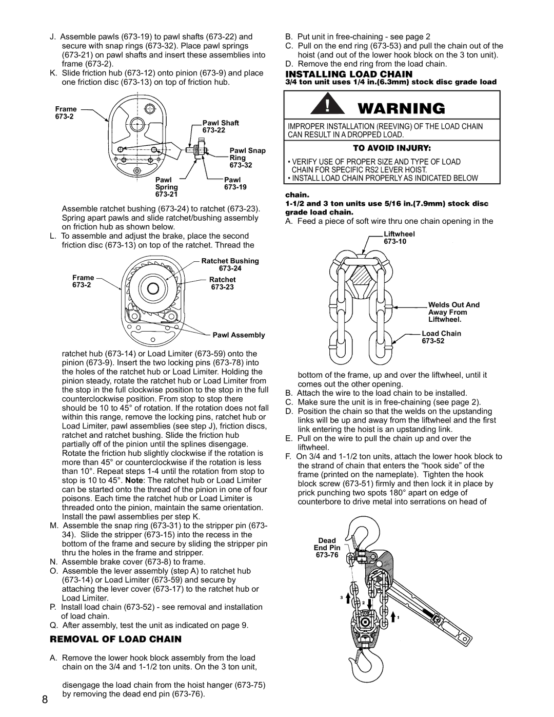 Yale RS2 manual Removal of Load Chain, Installing Load Chain 