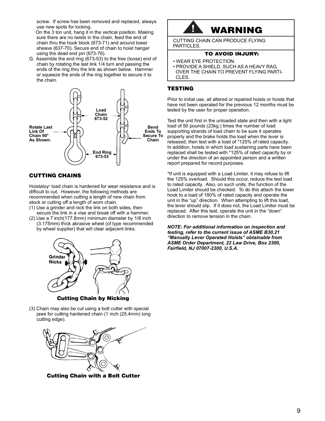 Yale RS2 manual Cutting Chains, Testing, Cutting Chain by Nicking, Cutting Chain with a Bolt Cutter 