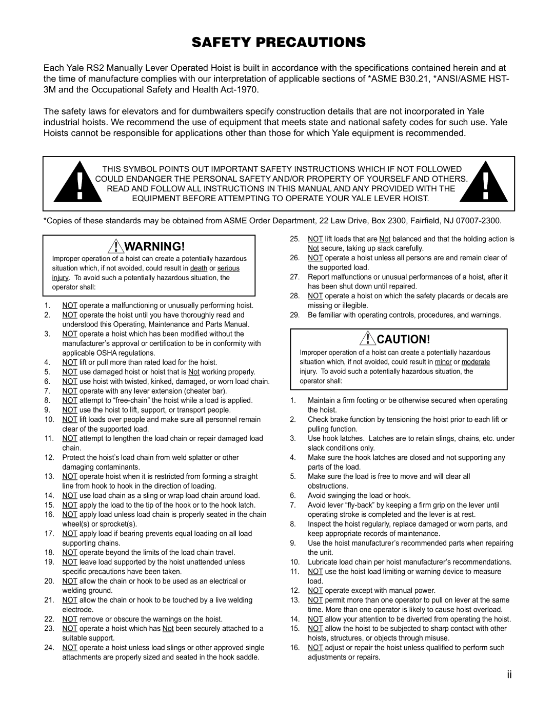 Yale RS2 manual Safety Precautions 