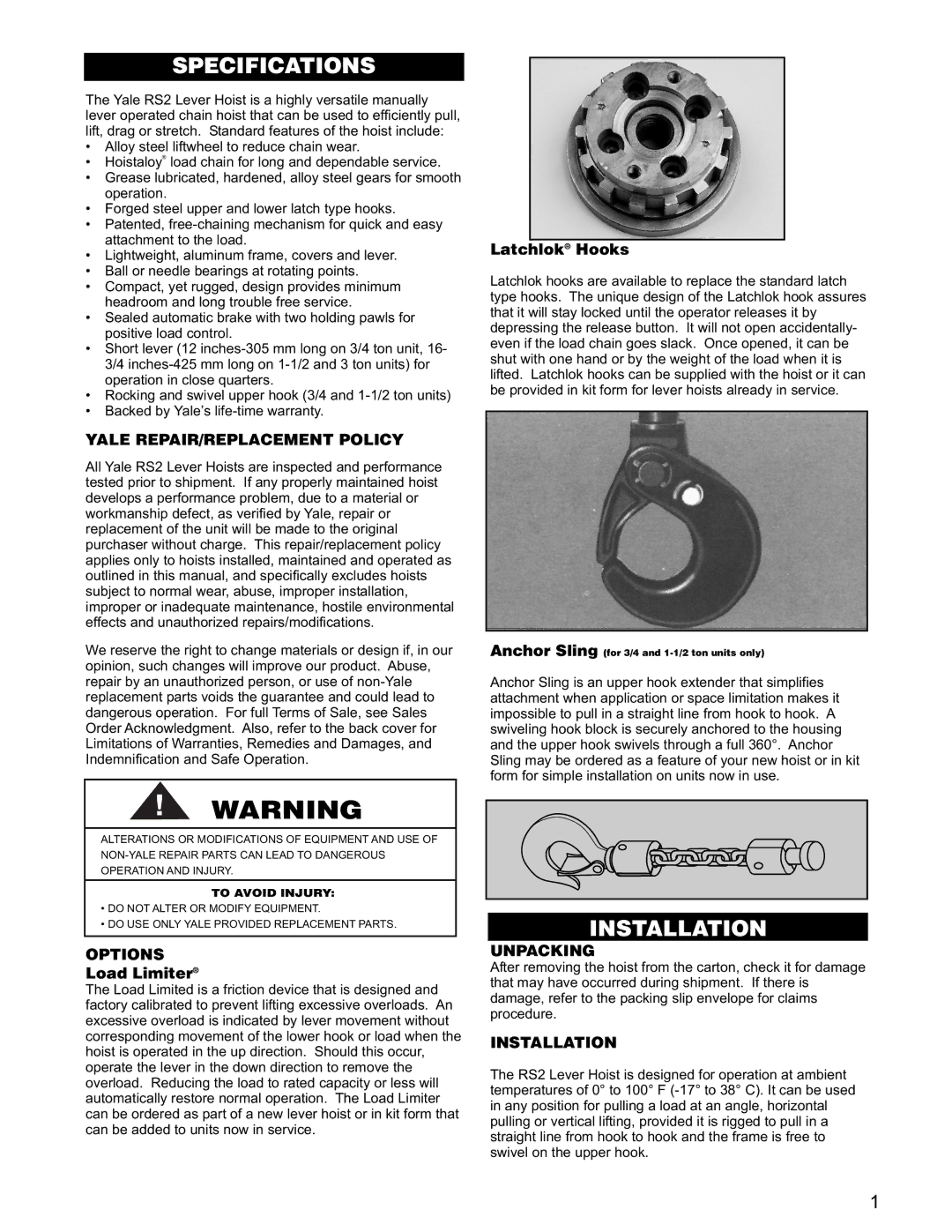 Yale RS2 manual Yale REPAIR/REPLACEMENT Policy, Options, Latchlok Hooks, Installation 