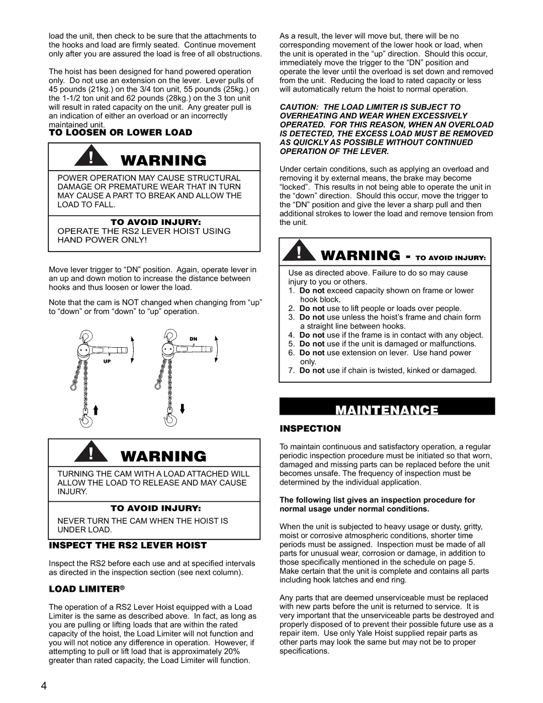 Yale manual To Loosen or Lower Load, Inspect the RS2 Lever Hoist, Load Limiter, Inspection 