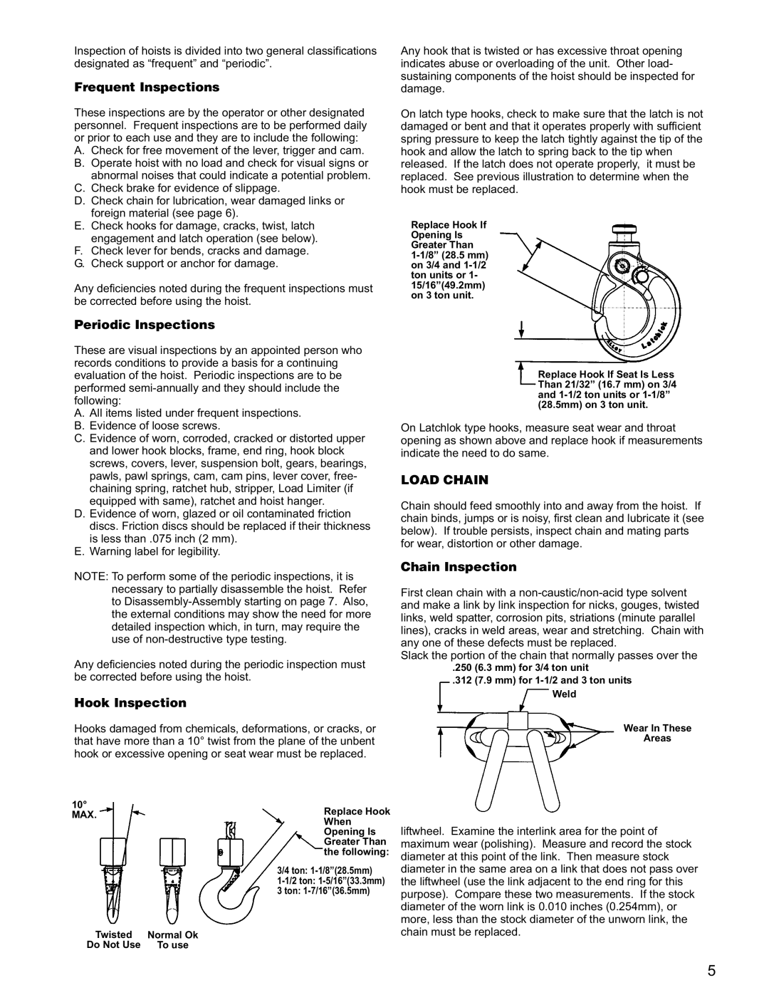 Yale RS2 manual Frequent Inspections, Periodic Inspections, Hook Inspection, Load Chain, Chain Inspection 