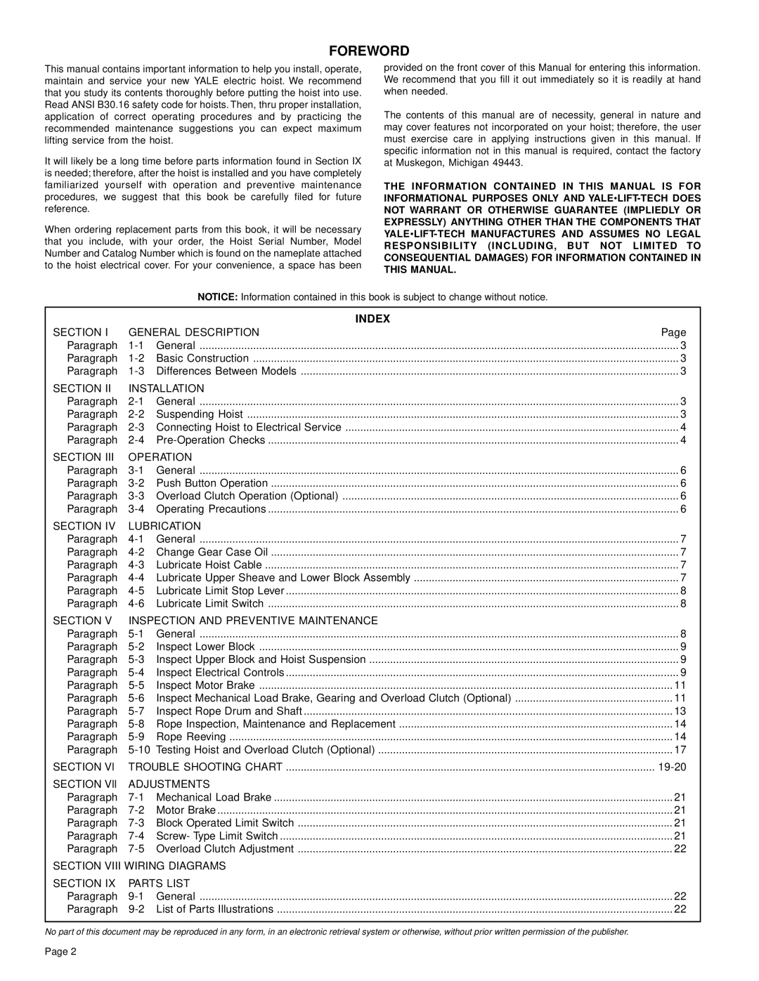 Yale Series Y80 manual Foreword, Index 