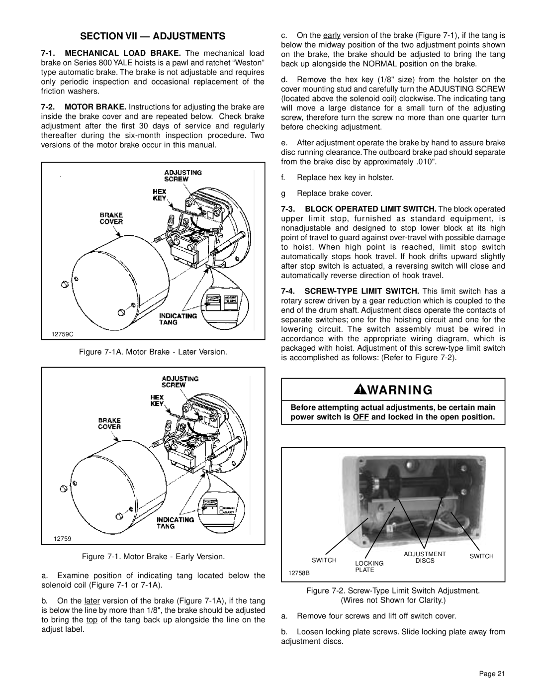 Yale Series Y80 manual Section Vll Adjustments 