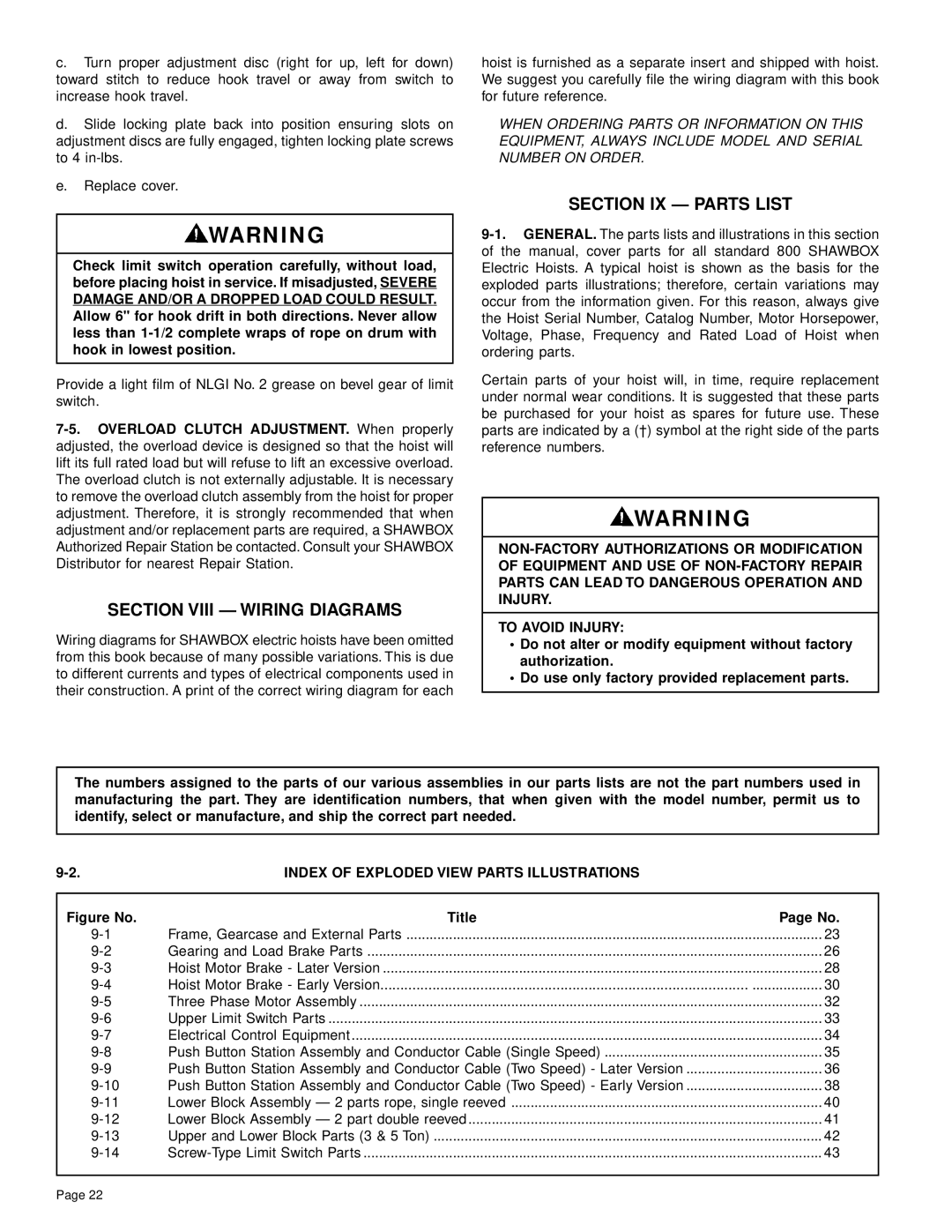 Yale Series Y80 manual Section Viii Wiring Diagrams, Section IX Parts List, Index of Exploded View Parts Illustrations 