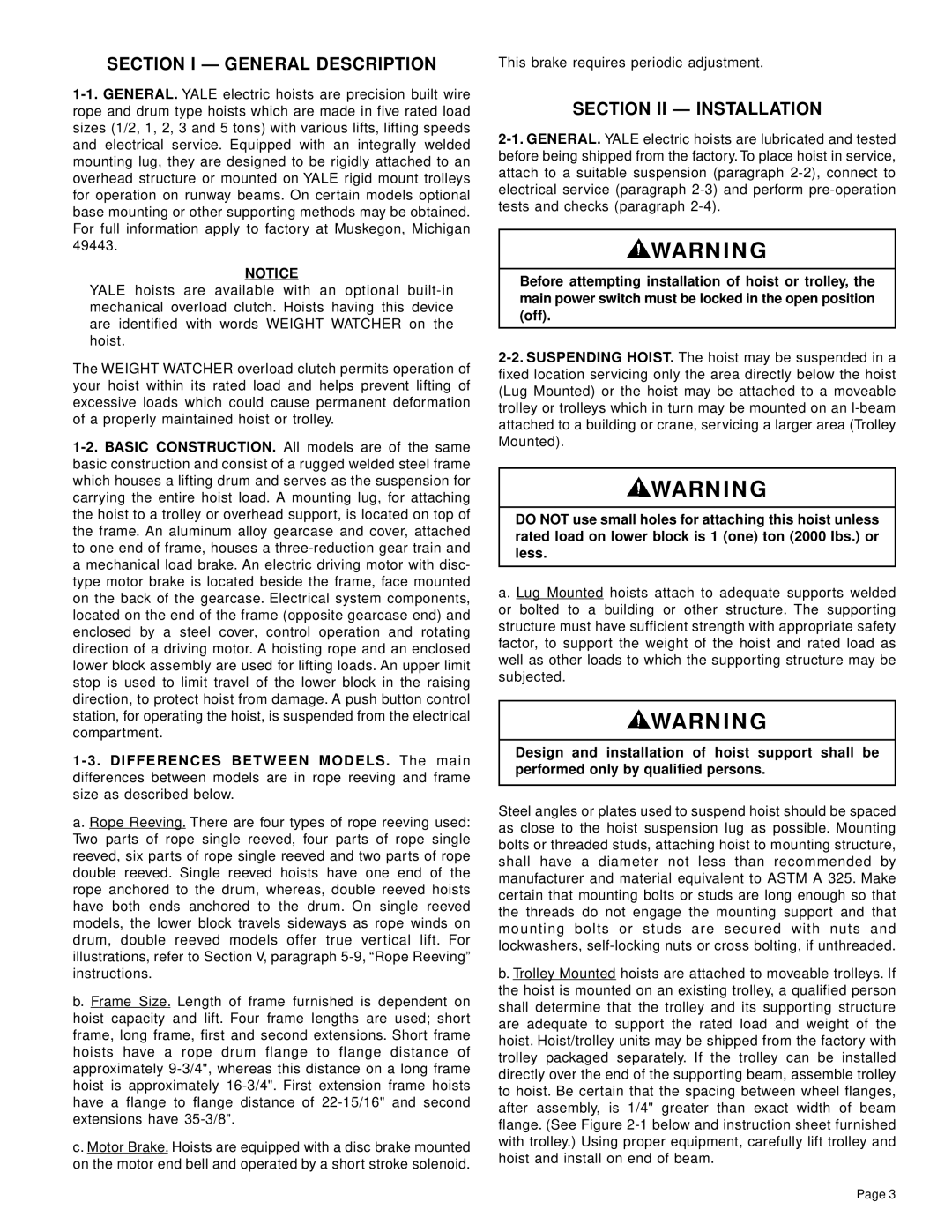 Yale Series Y80 manual Section I General Description, Section II Installation 