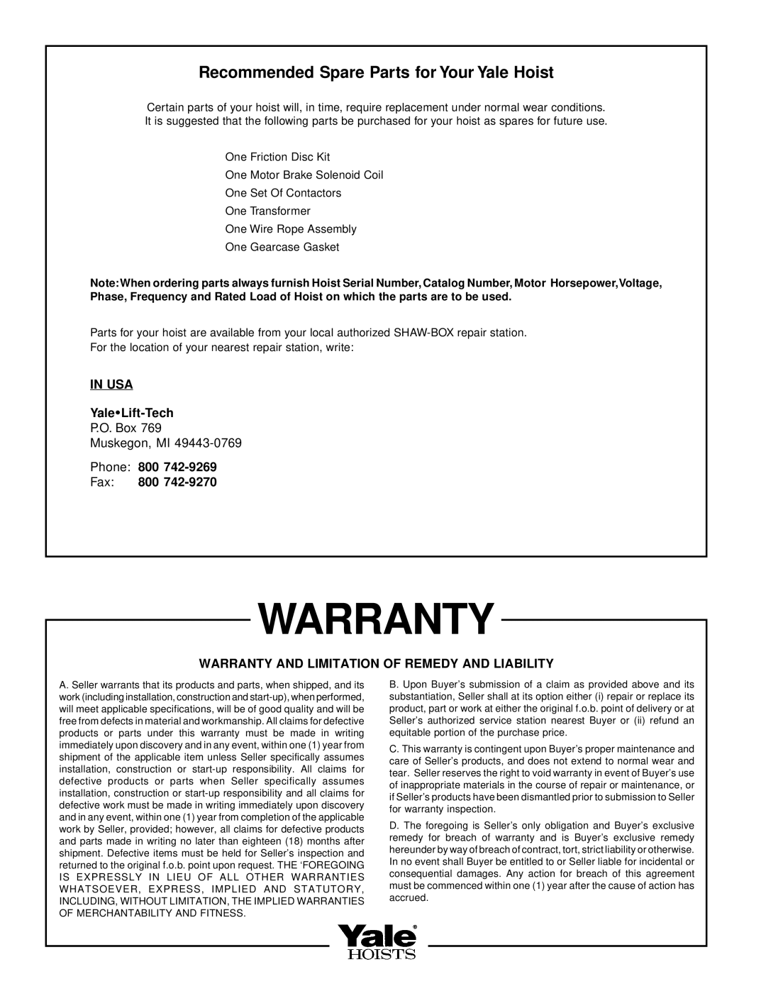 Yale Series Y80 manual Warranty 