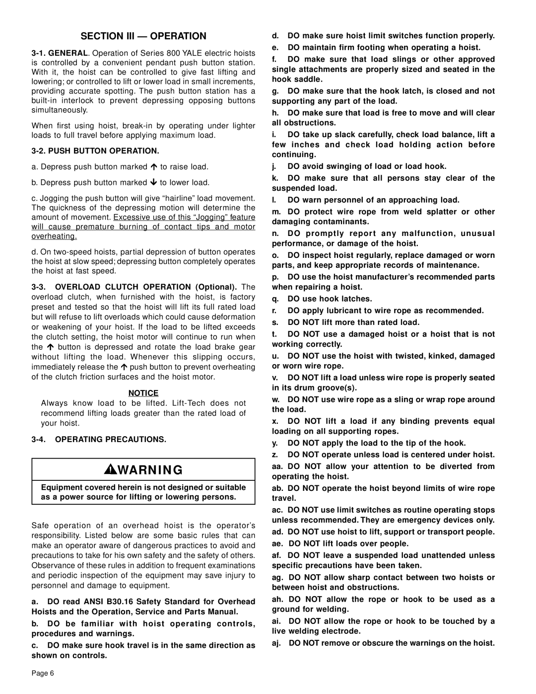 Yale Series Y80 manual Section III Operation, Push Button Operation, Operating Precautions 