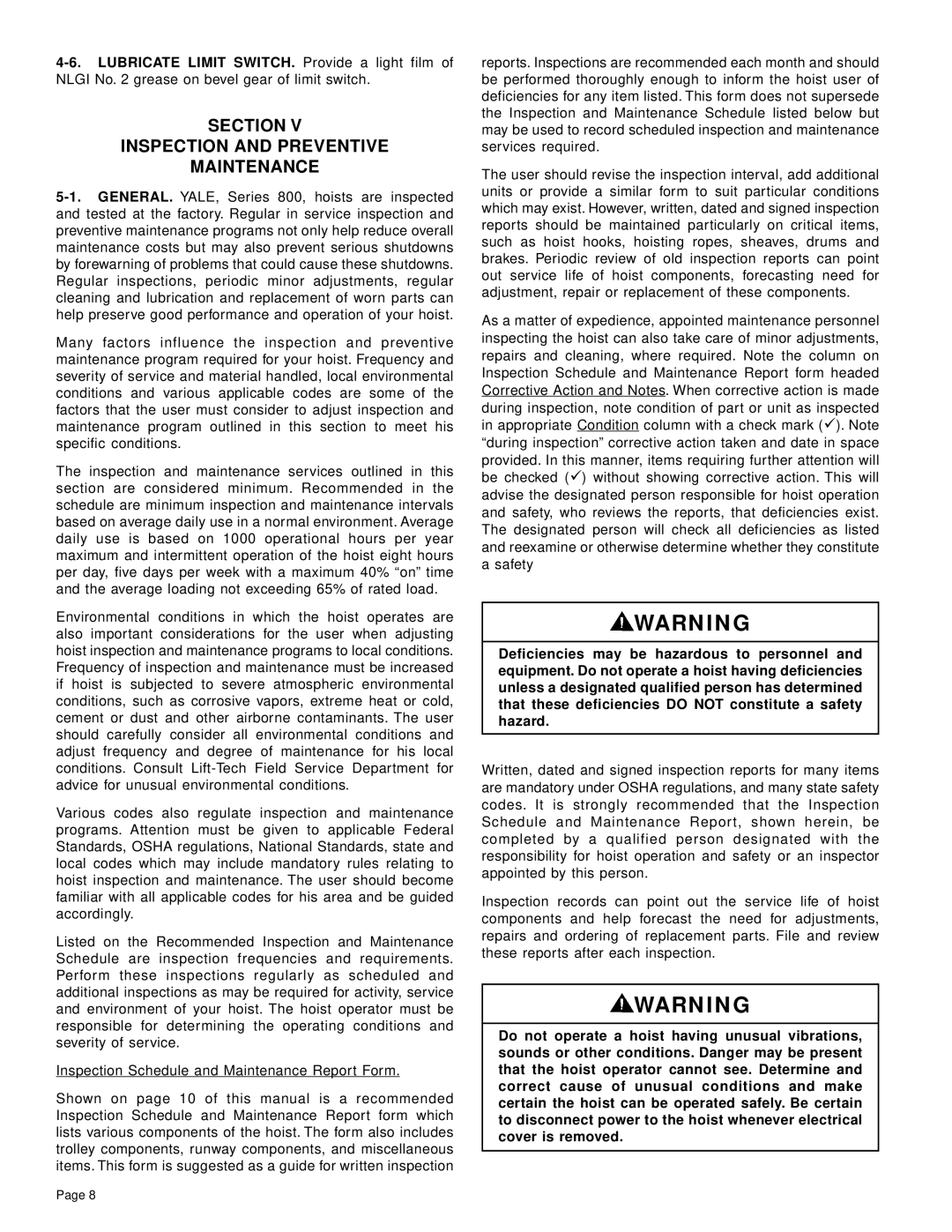 Yale Series Y80 manual Section Inspection and Preventive Maintenance 