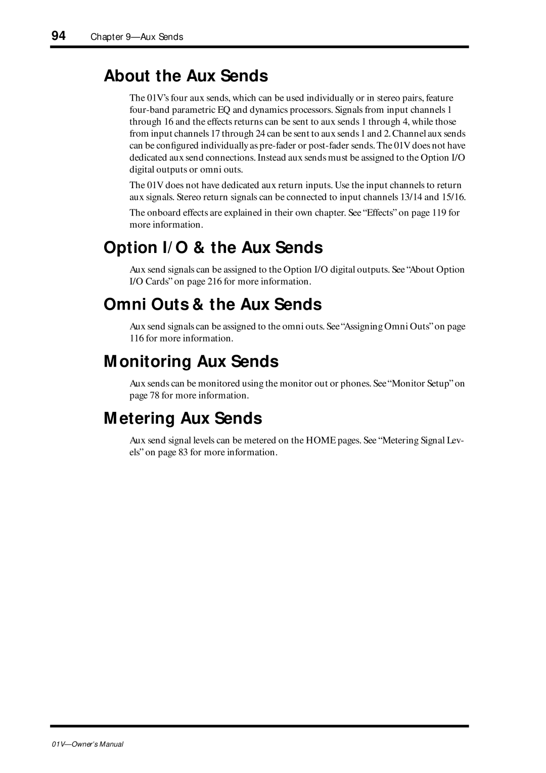 Yamaha 01v owner manual About the Aux Sends, Option I/O & the Aux Sends, Omni Outs & the Aux Sends, Monitoring Aux Sends 