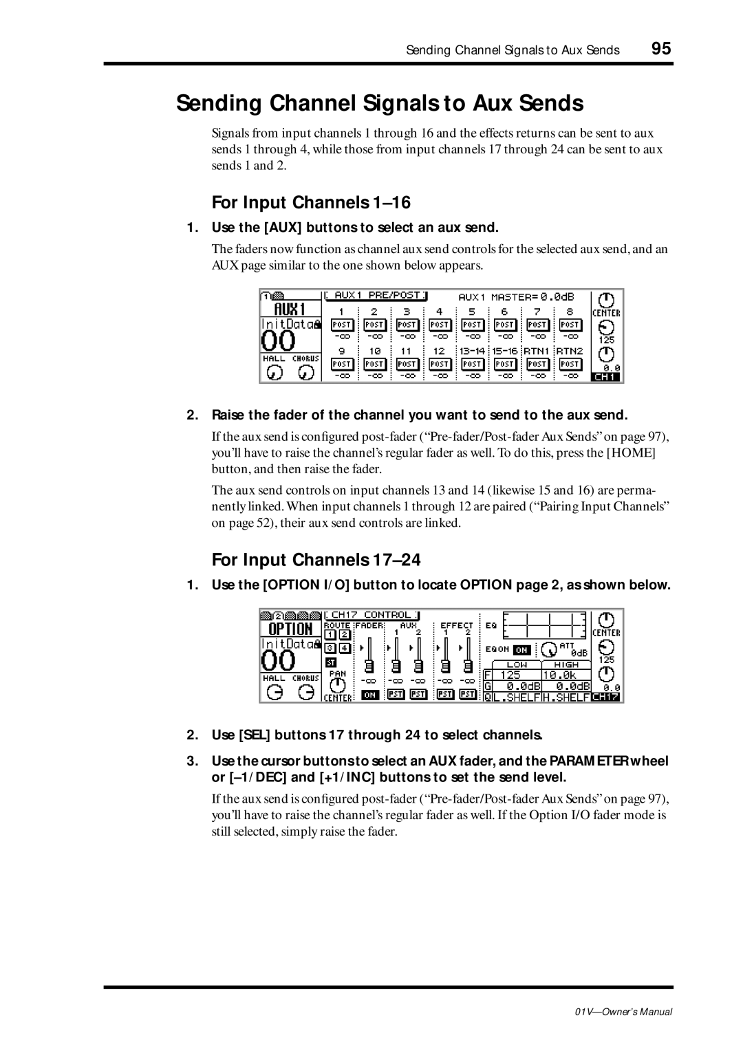 Yamaha 01v owner manual Sending Channel Signals to Aux Sends, Use the AUX buttons to select an aux send 