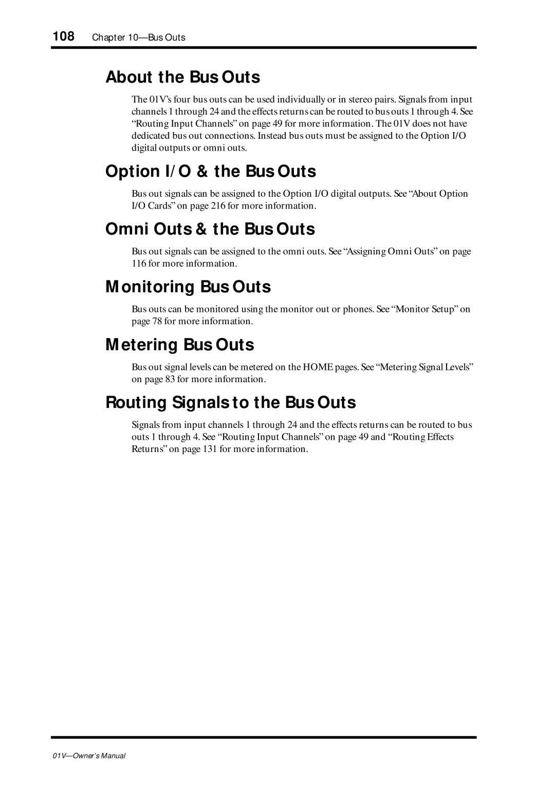 Yamaha 01v About the Bus Outs, Option I/O & the Bus Outs, Omni Outs & the Bus Outs, Monitoring Bus Outs, Metering Bus Outs 