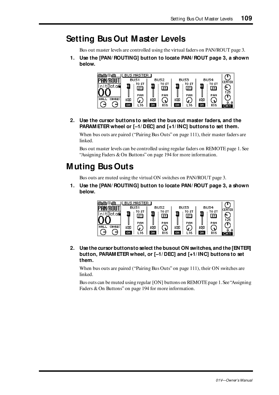 Yamaha 01v owner manual Setting Bus Out Master Levels, Muting Bus Outs 