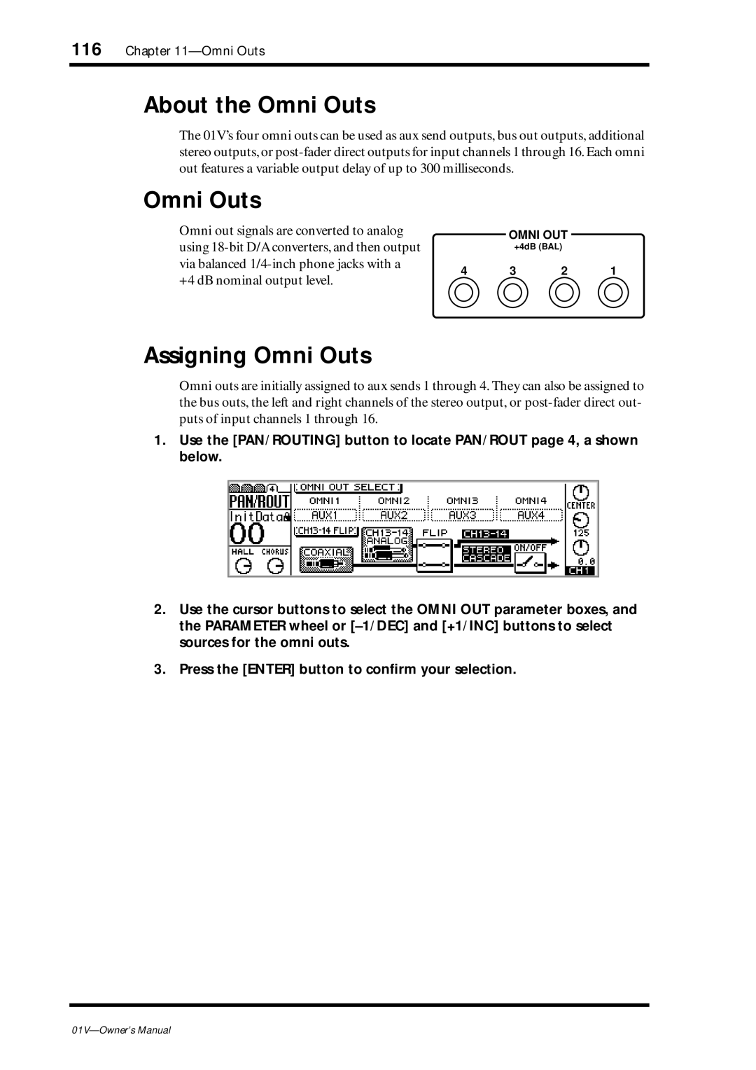 Yamaha 01v owner manual About the Omni Outs, Assigning Omni Outs, Omni out signals are converted to analog 