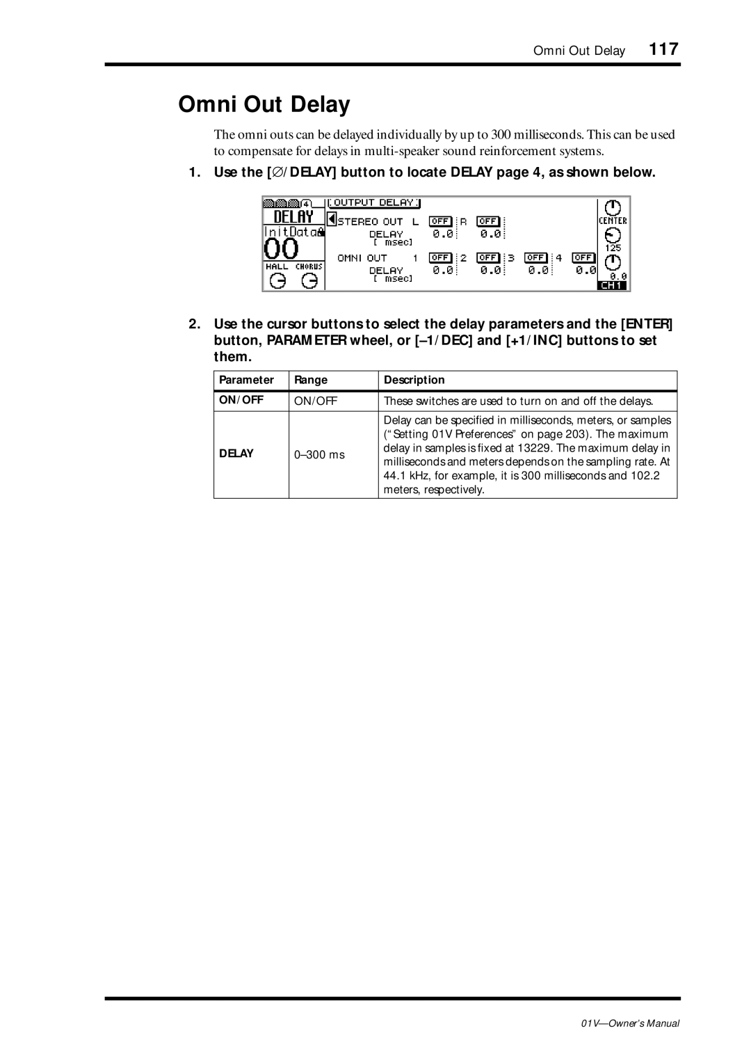 Yamaha 01v owner manual Omni Out Delay, Parameter Range Description 