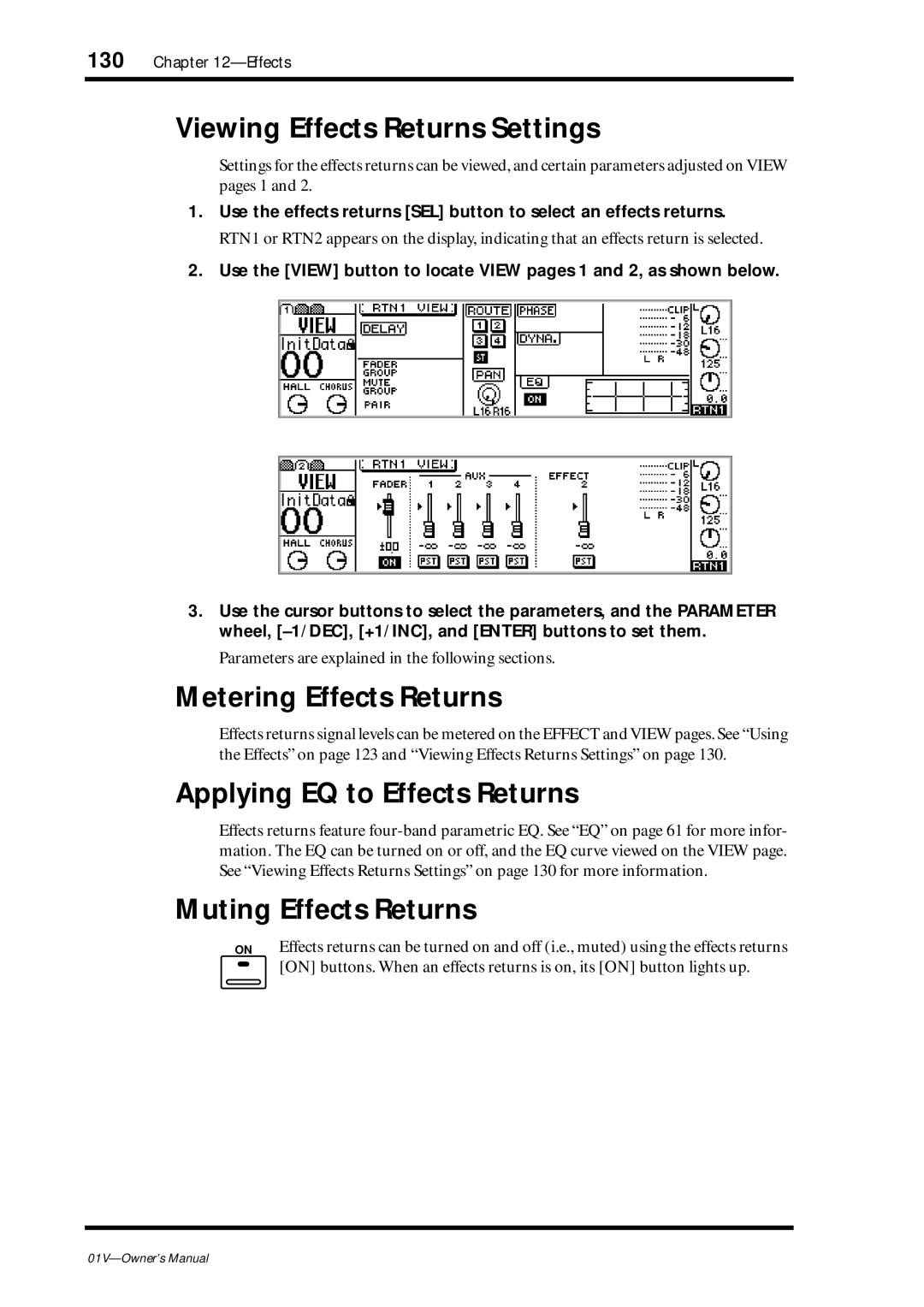 Yamaha 01v owner manual Viewing Effects Returns Settings, Metering Effects Returns, Applying EQ to Effects Returns 