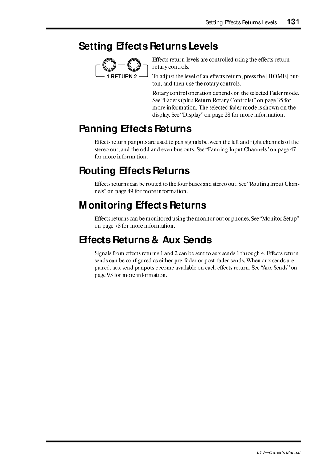 Yamaha 01v Setting Effects Returns Levels, Panning Effects Returns, Routing Effects Returns, Monitoring Effects Returns 