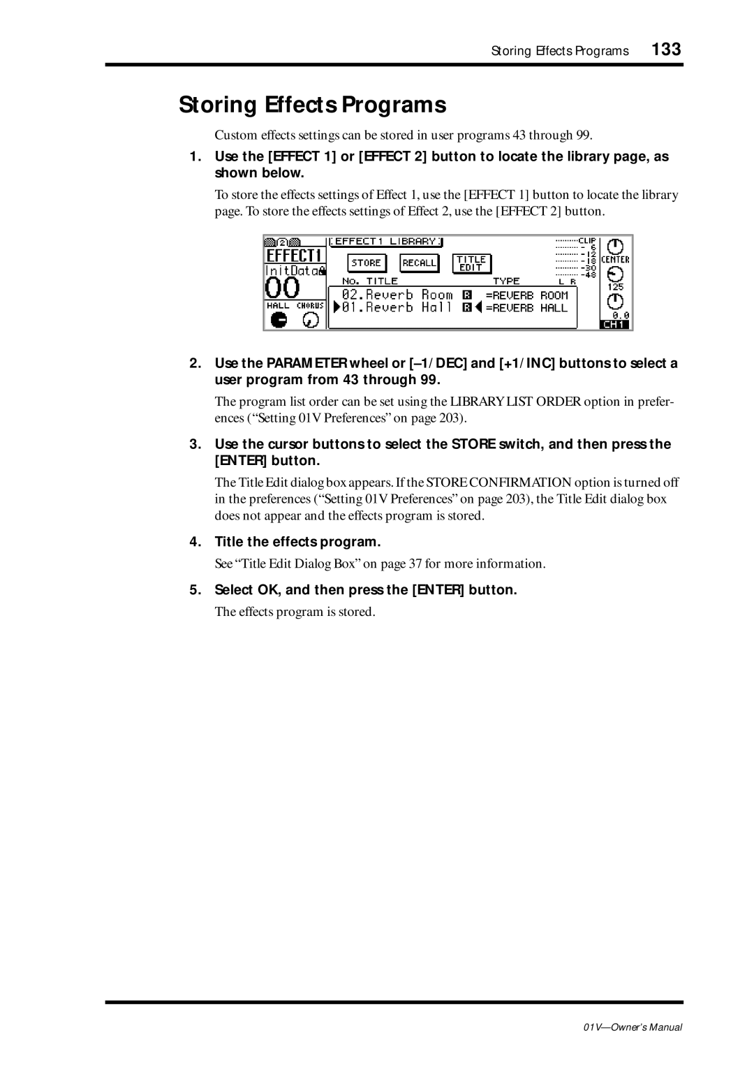 Yamaha 01v owner manual Storing Effects Programs, Title the effects program, Effects program is stored 