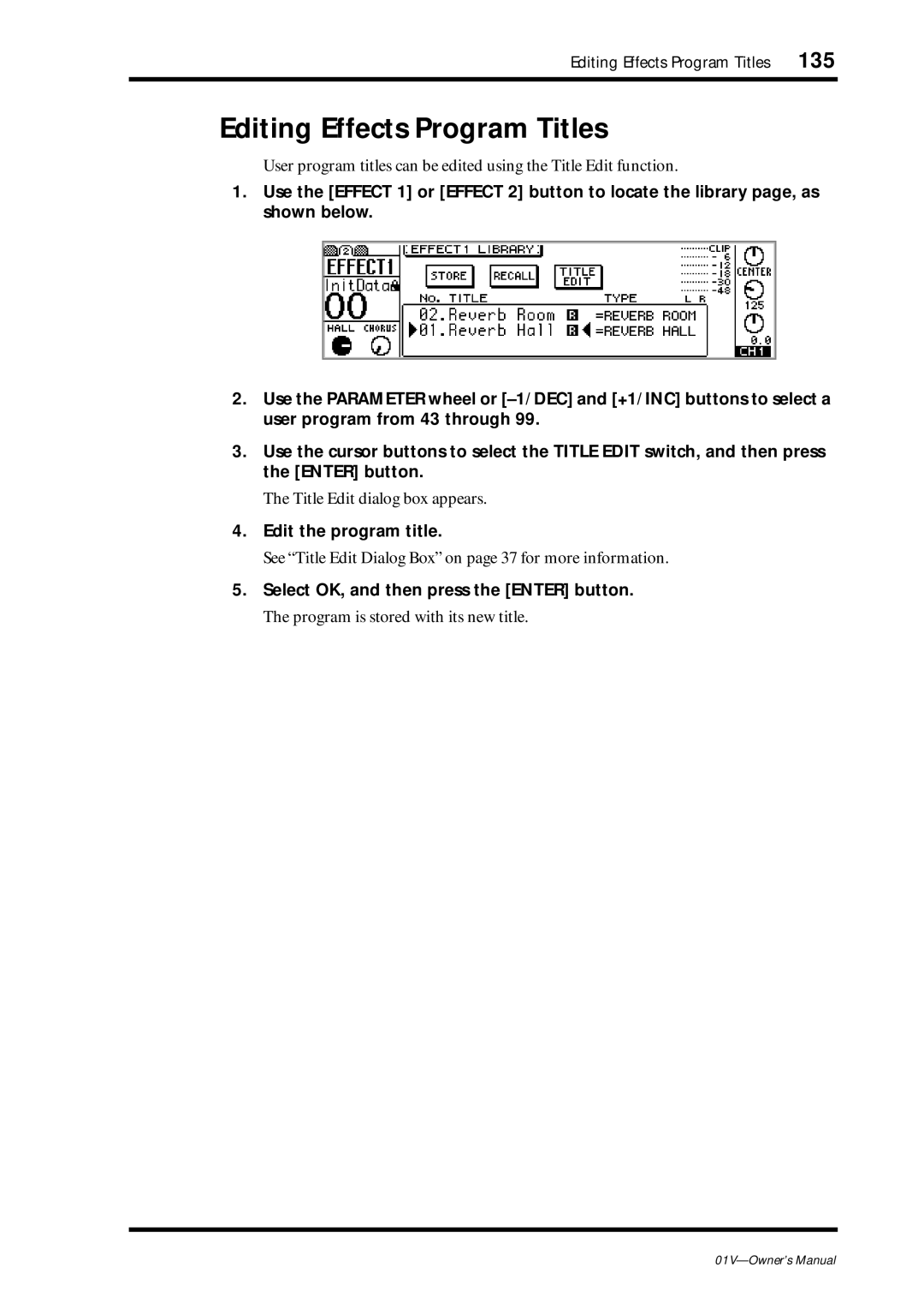 Yamaha 01v owner manual Editing Effects Program Titles, Program is stored with its new title 