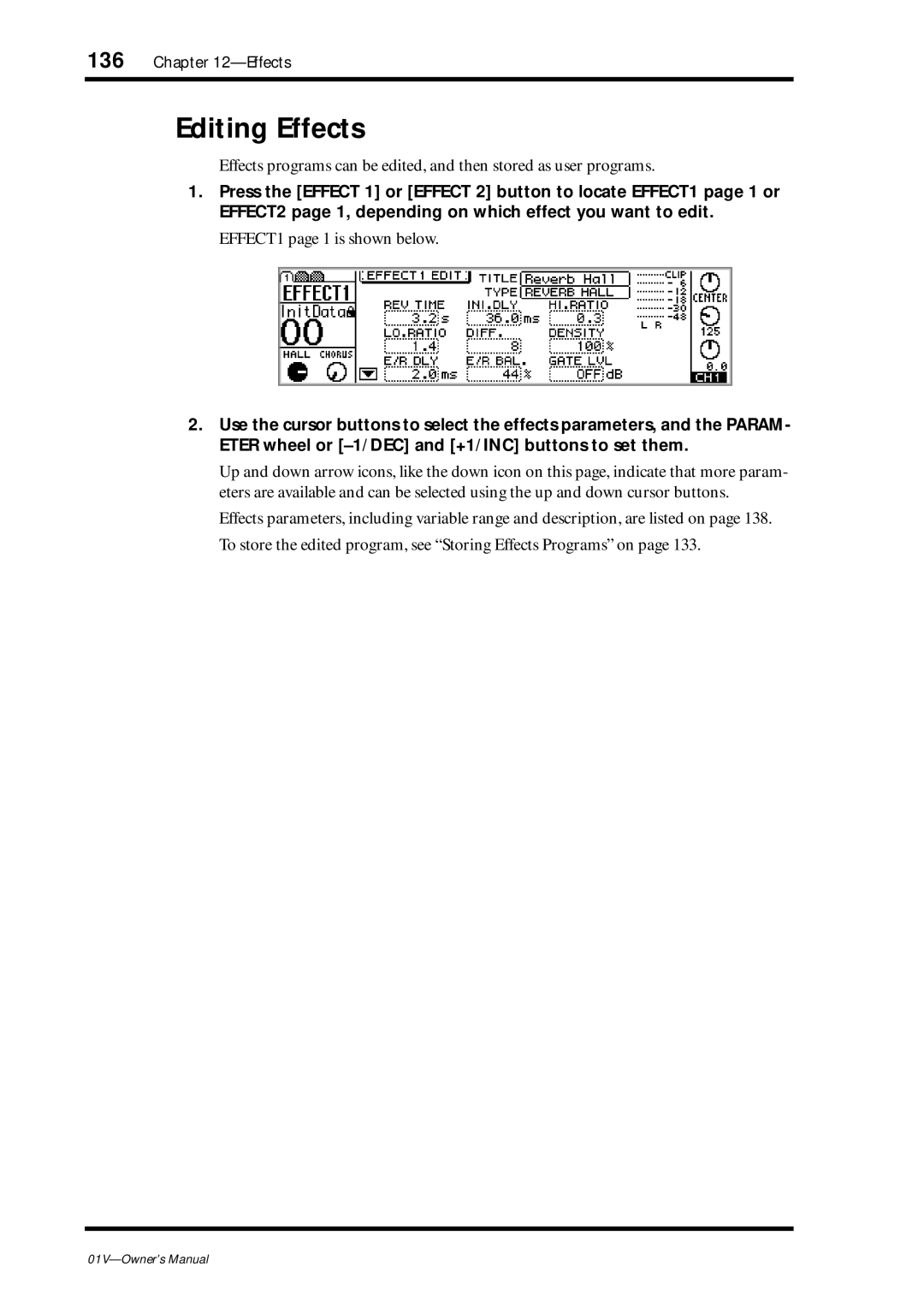 Yamaha 01v owner manual Editing Effects, EFFECT1 page 1 is shown below 