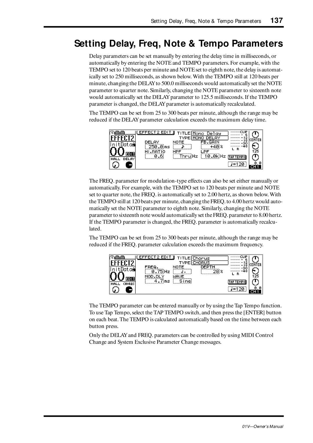 Yamaha 01v owner manual Setting Delay, Freq, Note & Tempo Parameters 