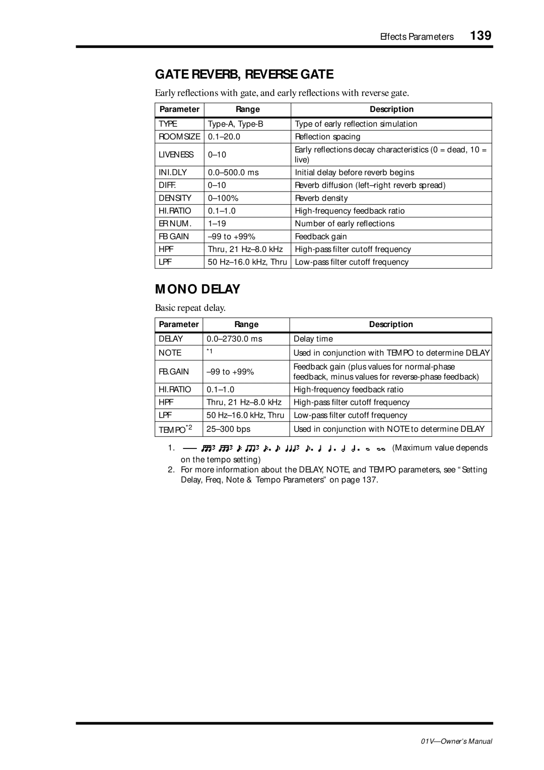 Yamaha 01v owner manual 139, Gate REVERB, Reverse Gate, Mono Delay, Basic repeat delay 