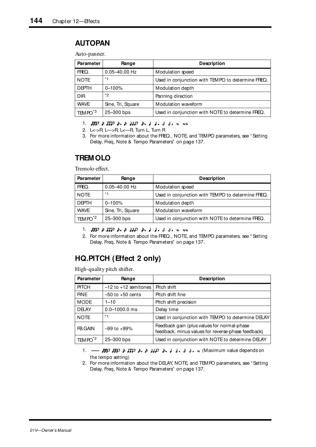 Yamaha 01v owner manual Autopan, Tremolo, HQ.PITCH Effect 2 only 