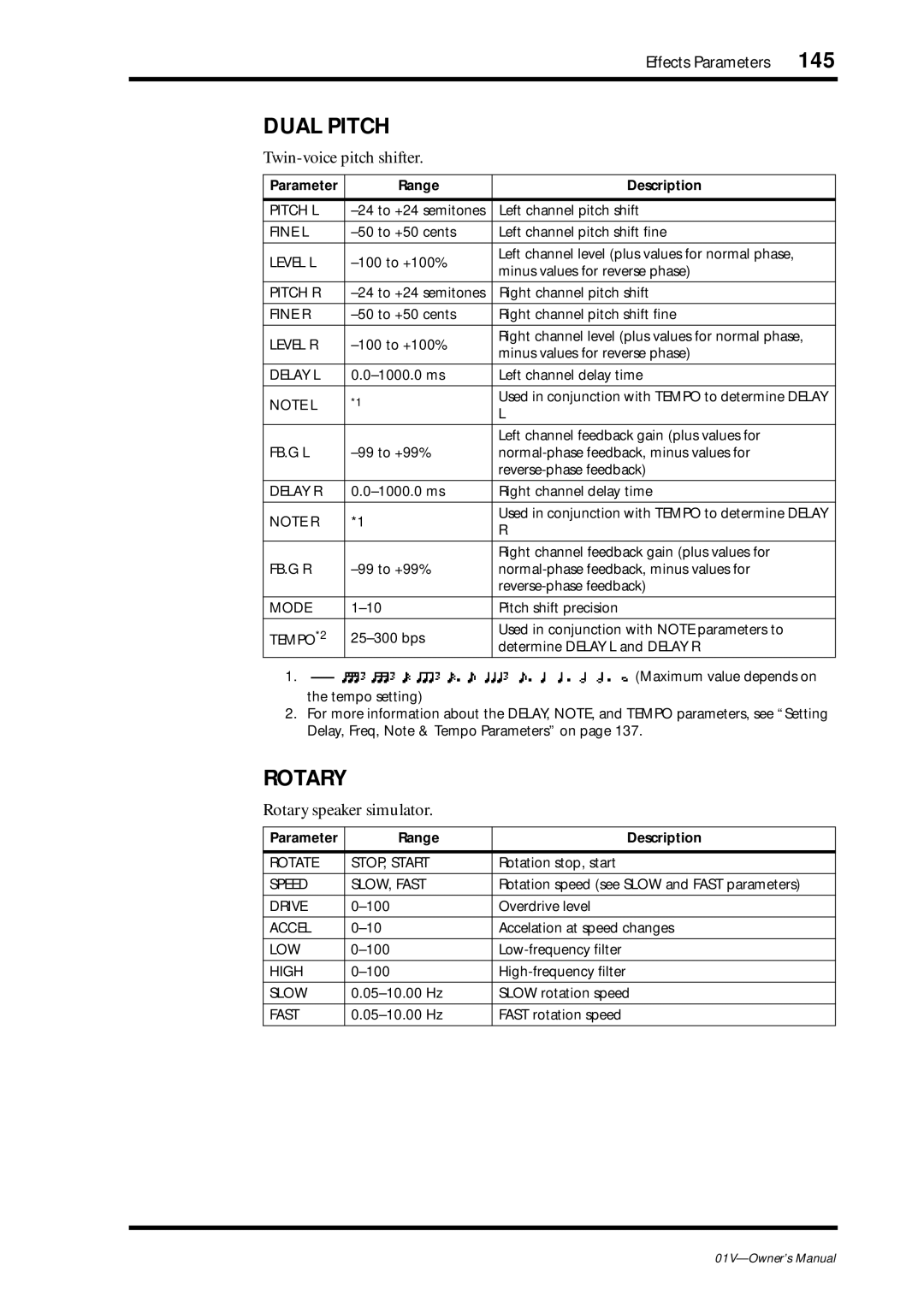 Yamaha 01v owner manual 145, Dual Pitch, Twin-voice pitch shifter, Rotary speaker simulator 