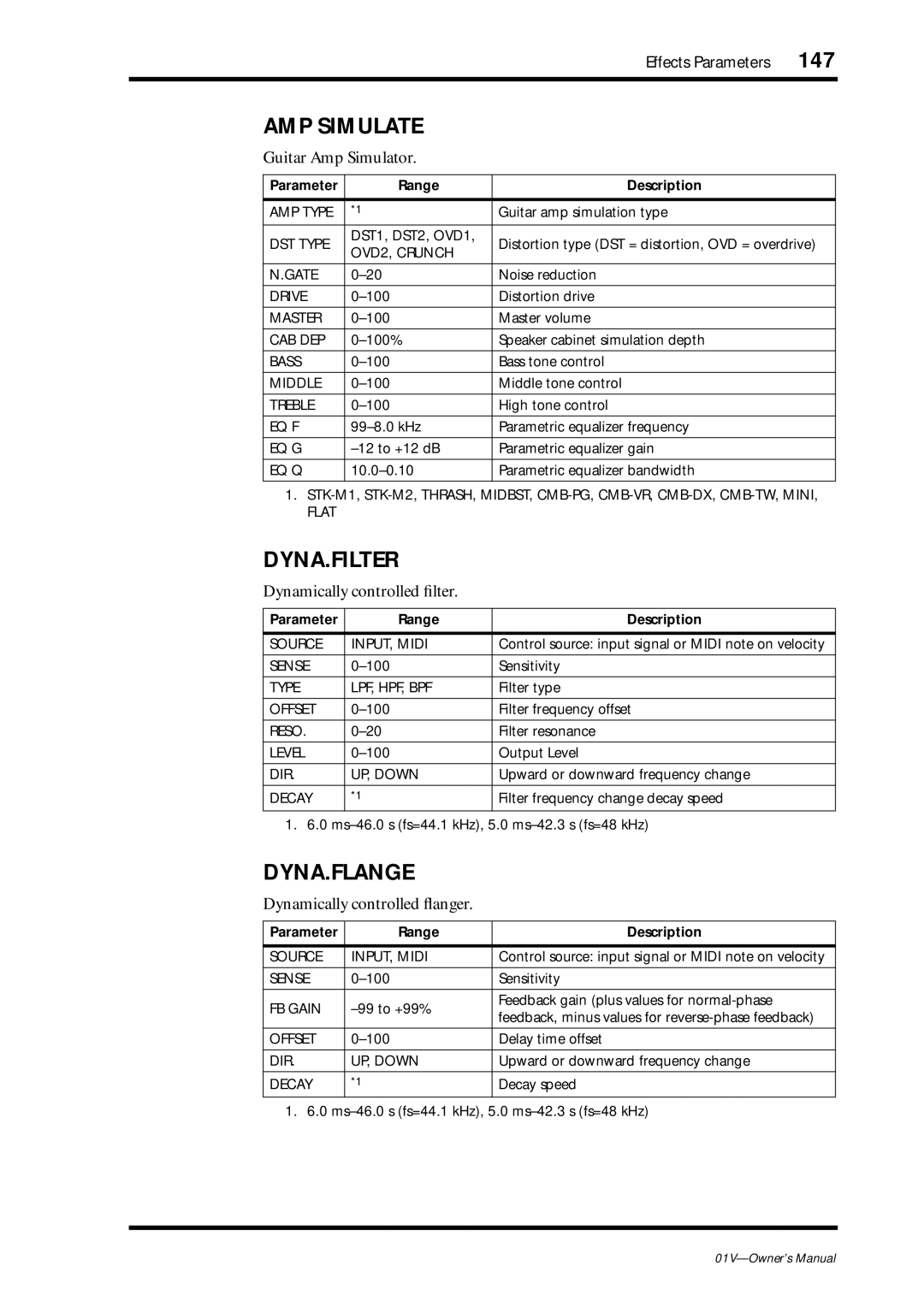 Yamaha 01v owner manual 147, AMP Simulate, Dyna.Filter, Dyna.Flange 