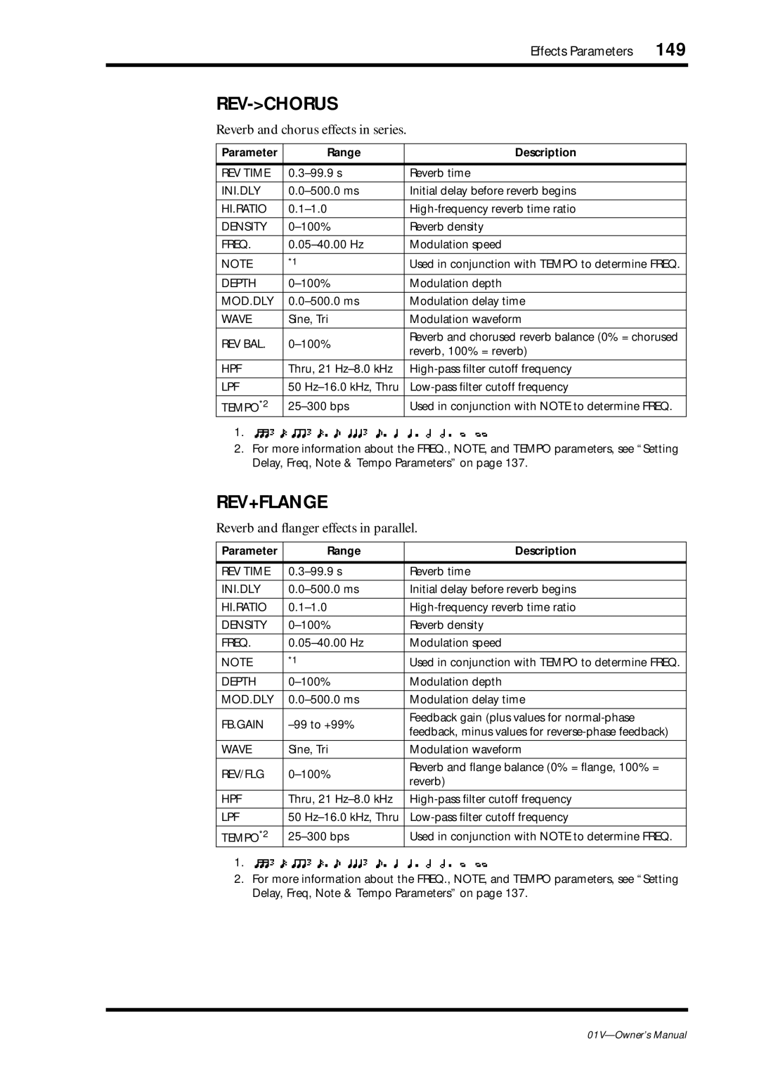 Yamaha 01v owner manual 149, Rev-Chorus, Rev+Flange, Reverb and ﬂanger effects in parallel 