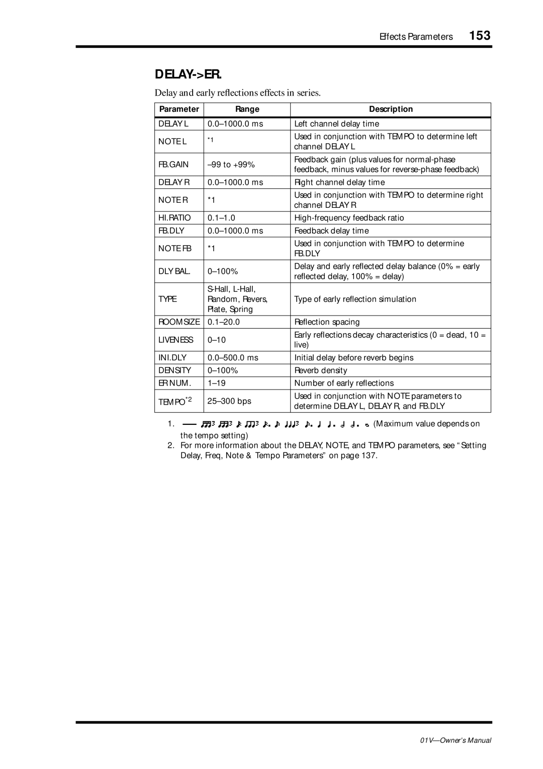 Yamaha 01v owner manual 153, Delay-Er, Delay and early reﬂections effects in series 