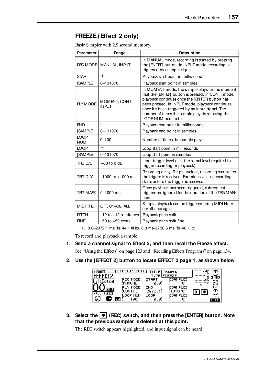 Yamaha 01v owner manual 157, Basic Sampler with 2.9 second memory, To record and playback a sample 