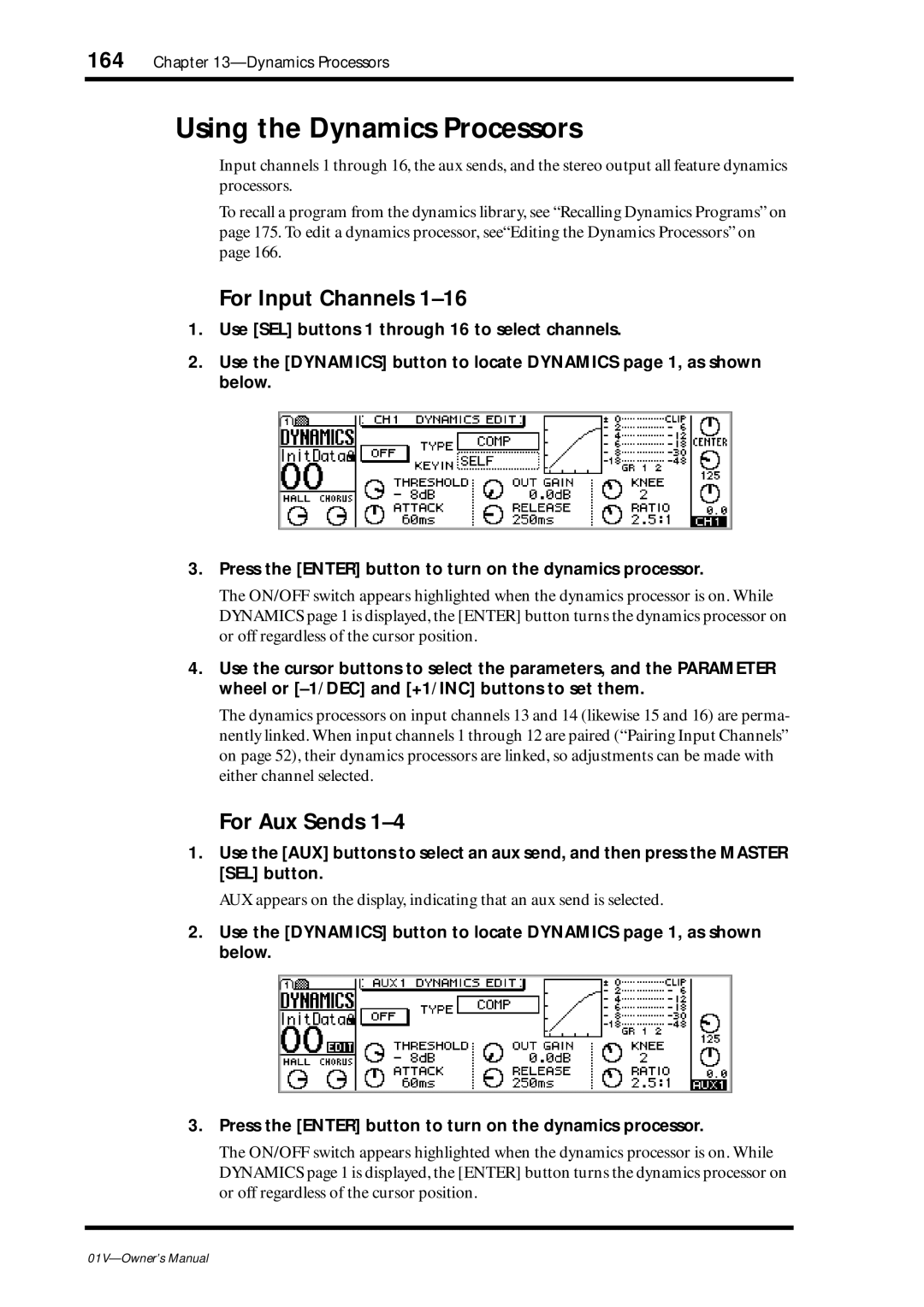 Yamaha 01v owner manual Using the Dynamics Processors, For Input Channels 