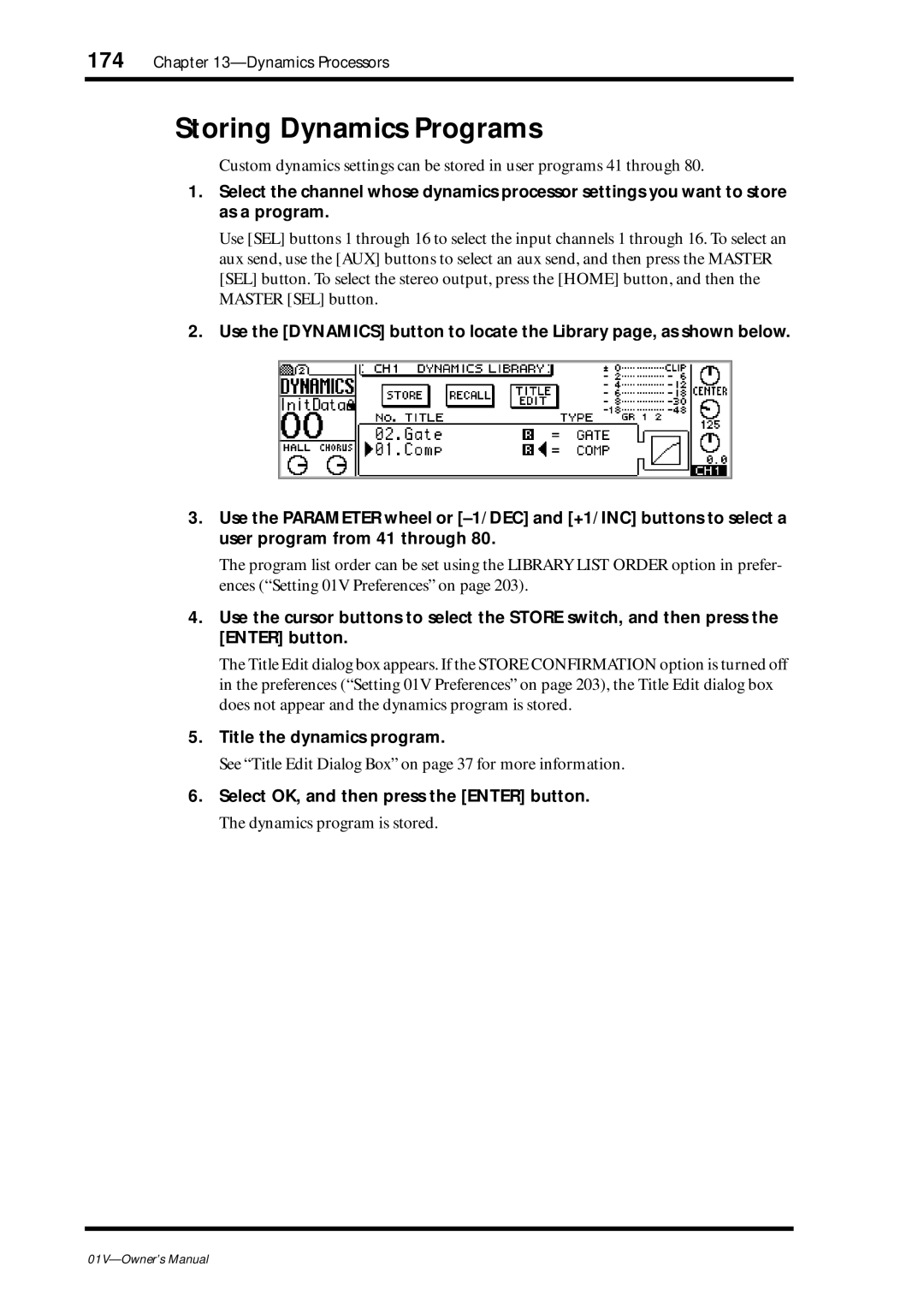 Yamaha 01v owner manual Storing Dynamics Programs, Title the dynamics program, Dynamics program is stored 