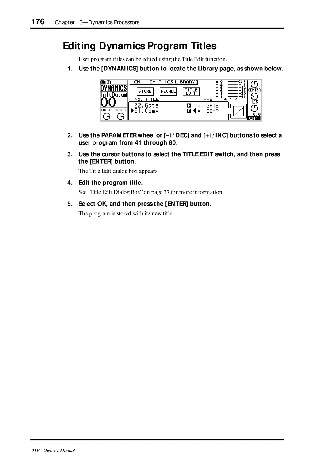 Yamaha 01v owner manual Editing Dynamics Program Titles, Title Edit dialog box appears 