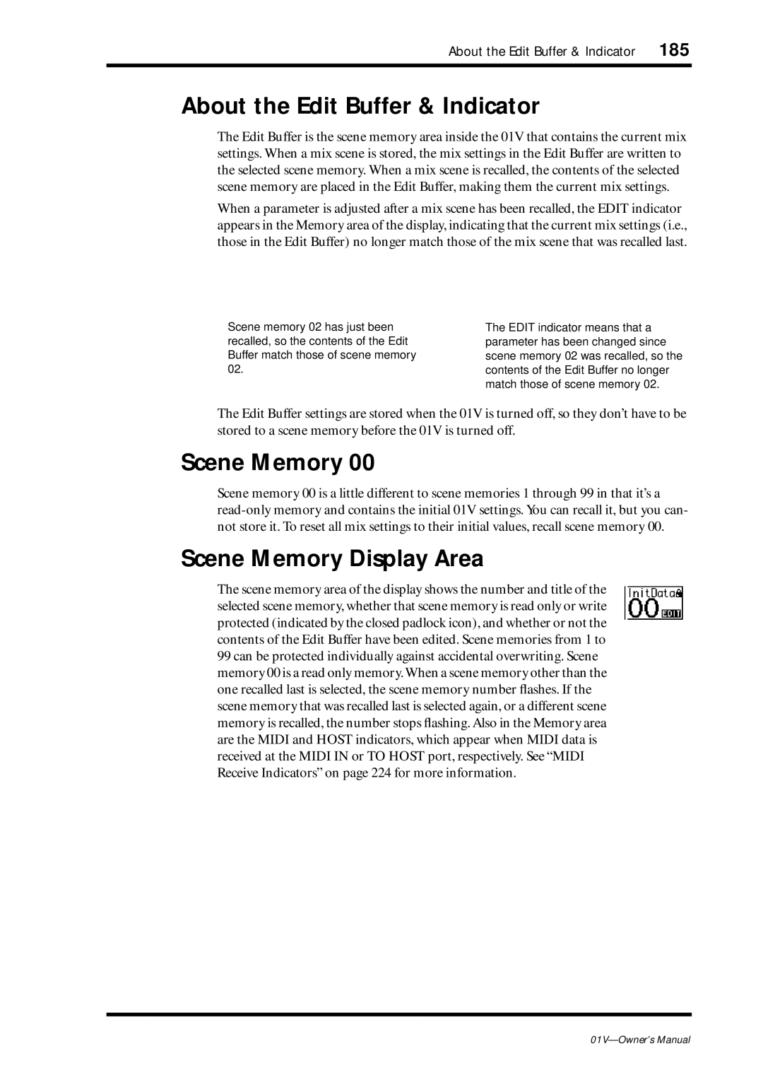 Yamaha 01v owner manual About the Edit Buffer & Indicator, Scene Memory Display Area 