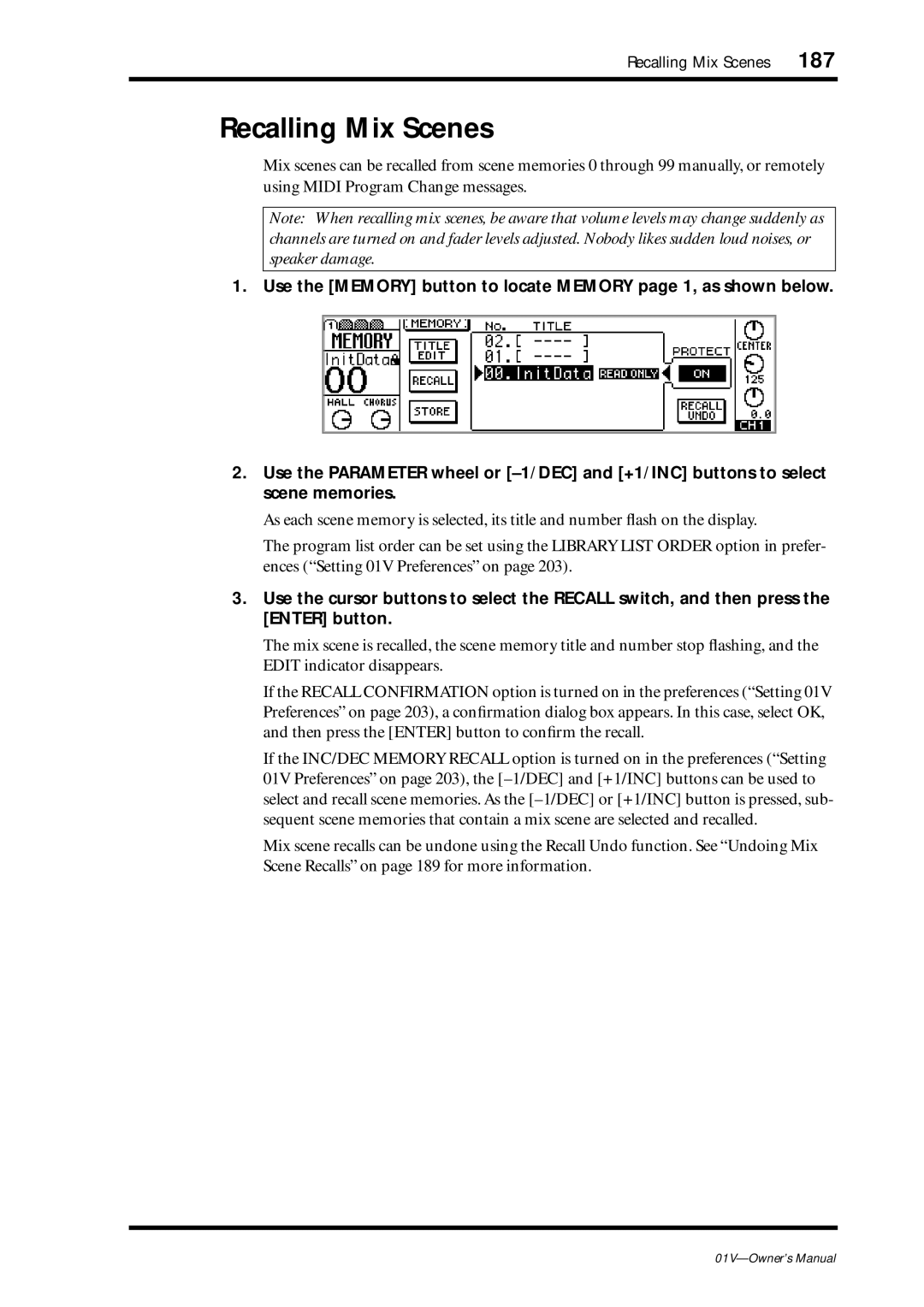 Yamaha 01v owner manual Recalling Mix Scenes 