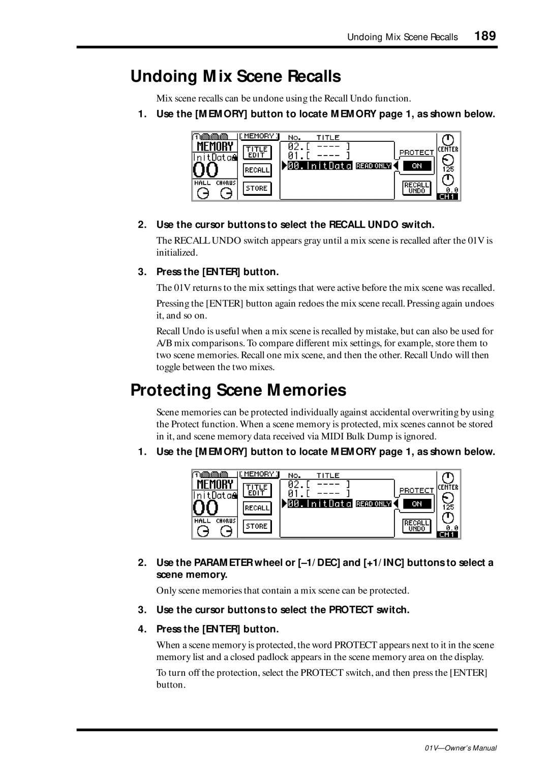 Yamaha 01v owner manual Undoing Mix Scene Recalls, Protecting Scene Memories, Press the Enter button 