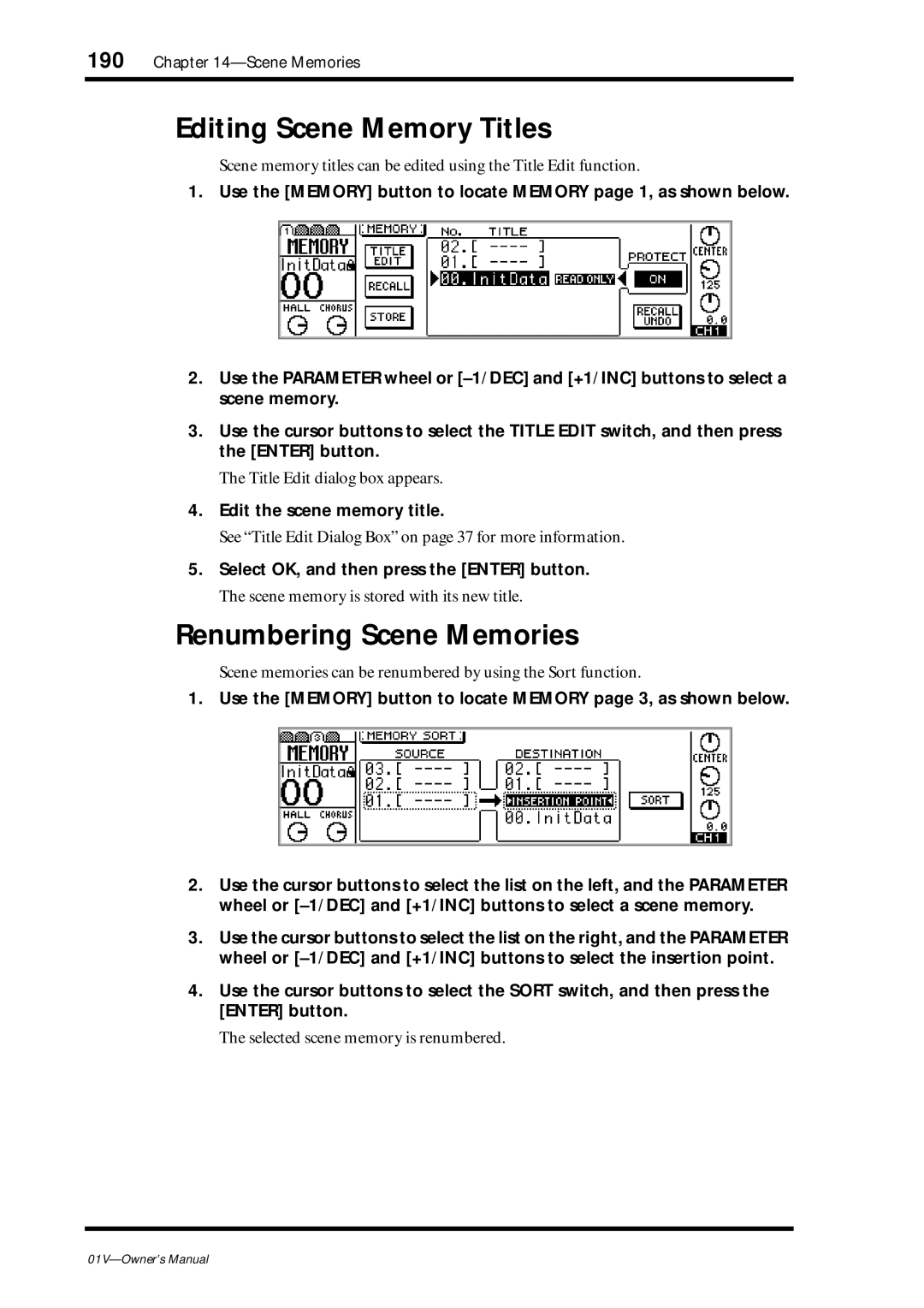 Yamaha 01v owner manual Editing Scene Memory Titles, Renumbering Scene Memories, Edit the scene memory title 