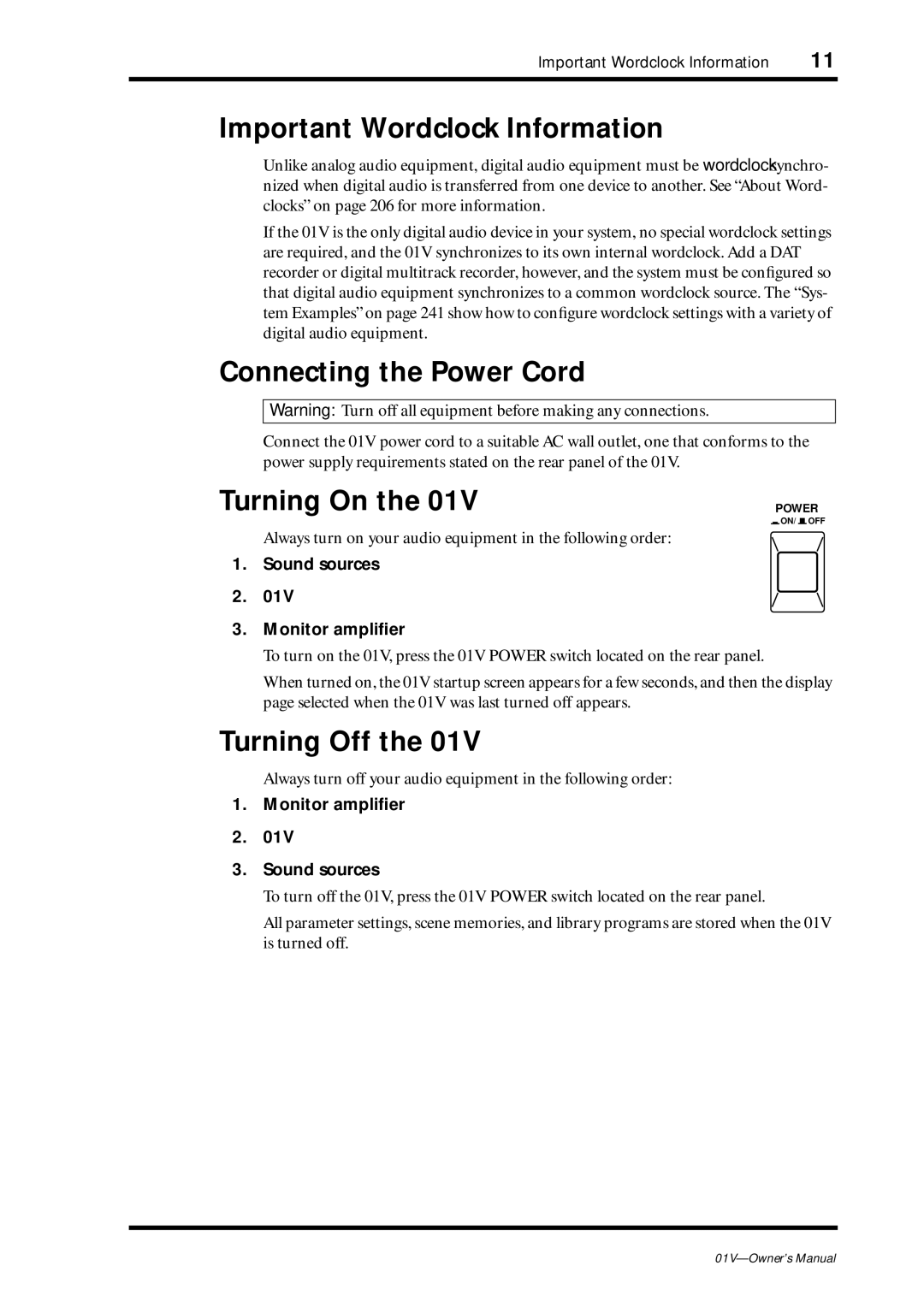 Yamaha 01v owner manual Important Wordclock Information, Connecting the Power Cord, Turning On, Turning Off 