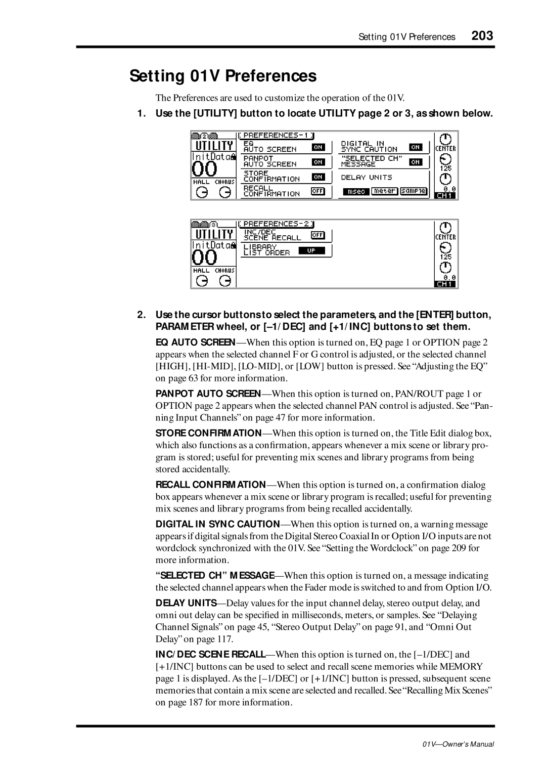 Yamaha 01v owner manual Setting 01V Preferences, Preferences are used to customize the operation 