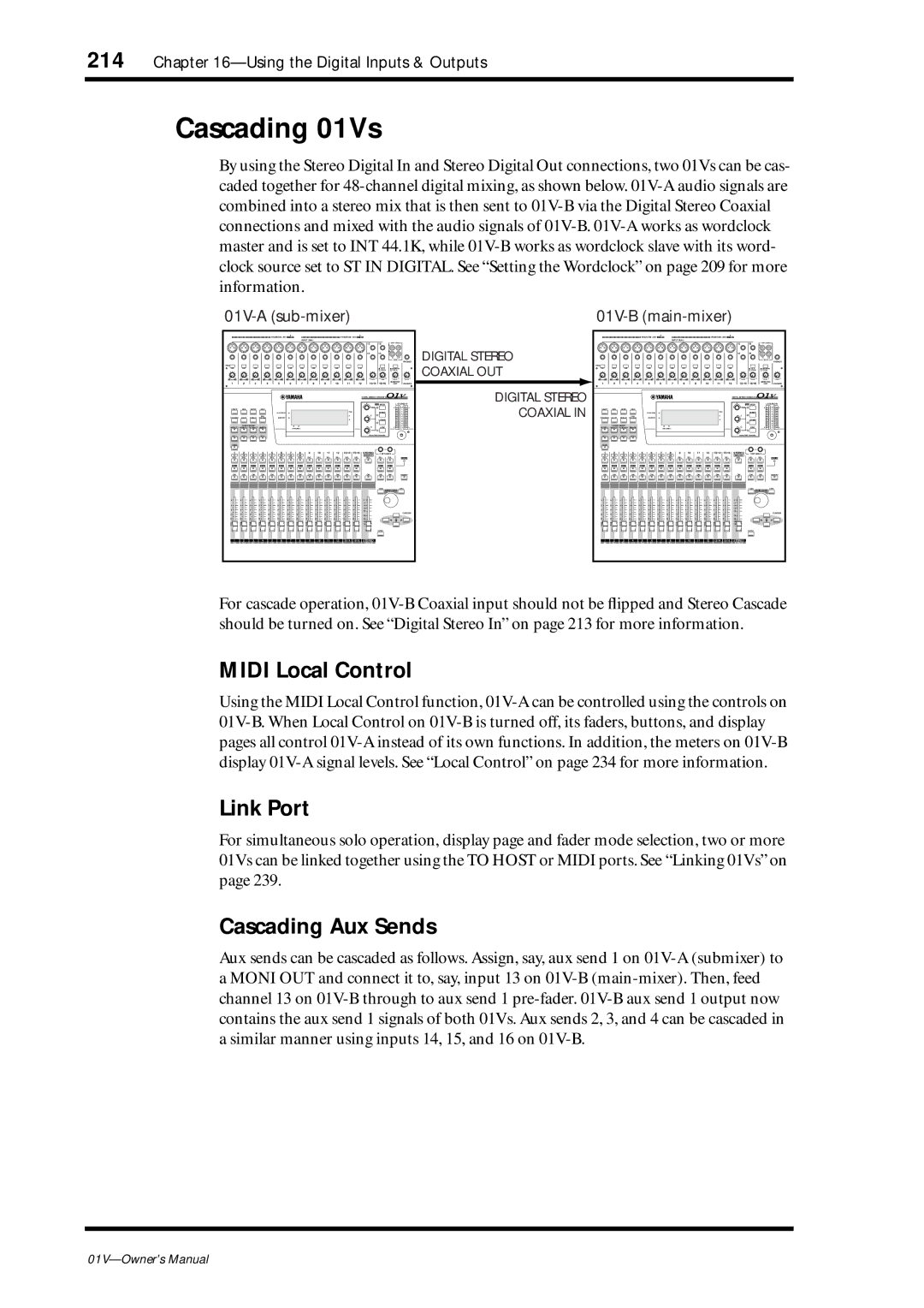 Yamaha 01v owner manual Cascading 01Vs, Midi Local Control, Link Port, Cascading Aux Sends 